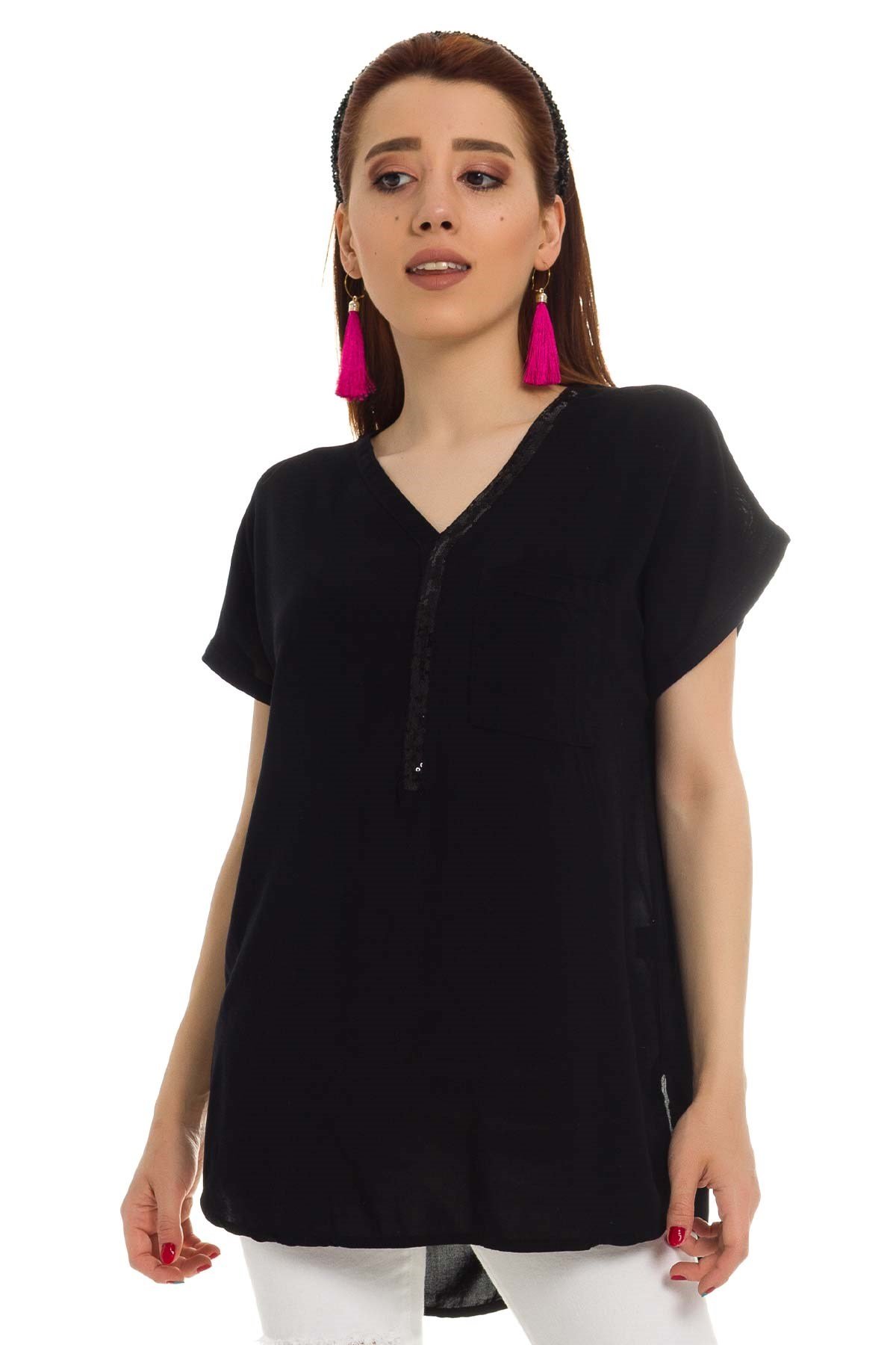 314 KB Yaka Pullu Yakma Keten Kısa Kol Bluz