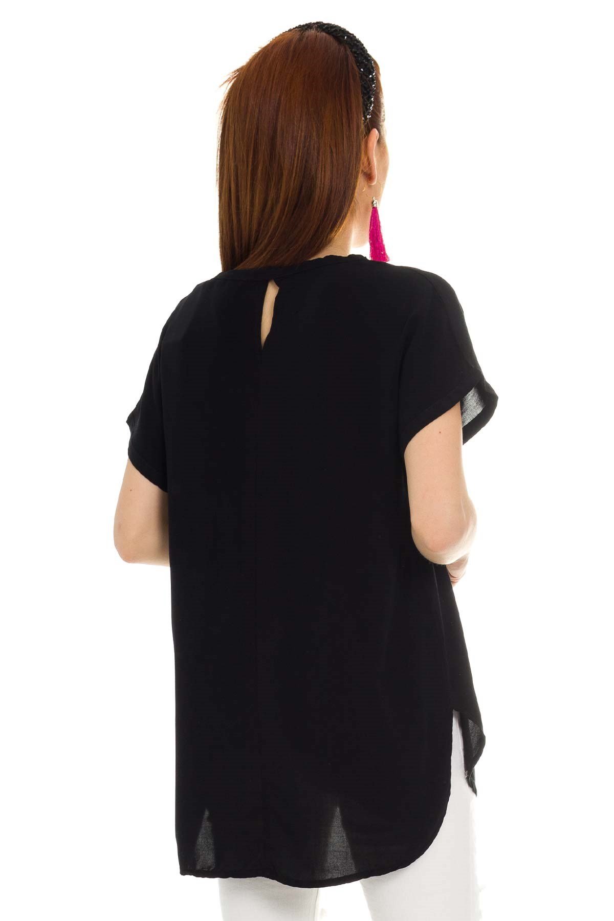 314 KB Yaka Pullu Yakma Keten Kısa Kol Bluz