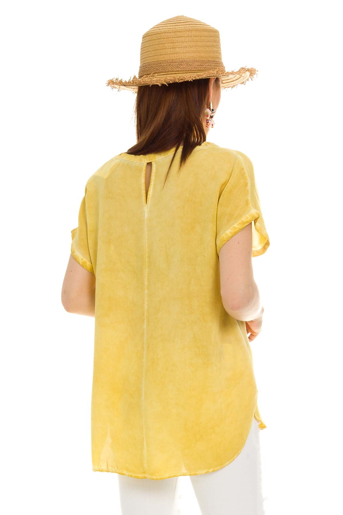 314 KB Yaka Pullu Yakma Keten Kısa Kol Bluz