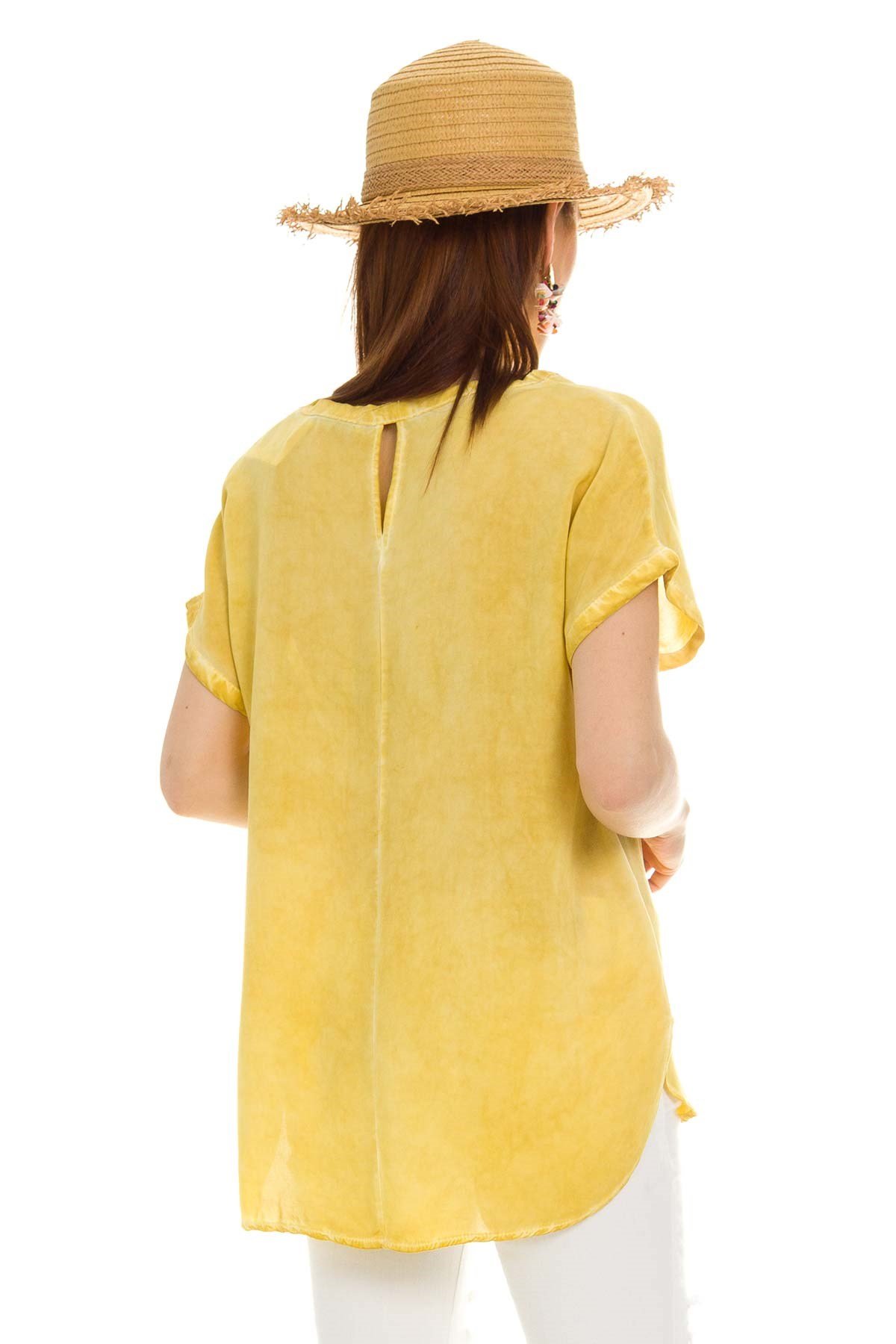 314 KB Yaka Pullu Yakma Keten Kısa Kol Bluz