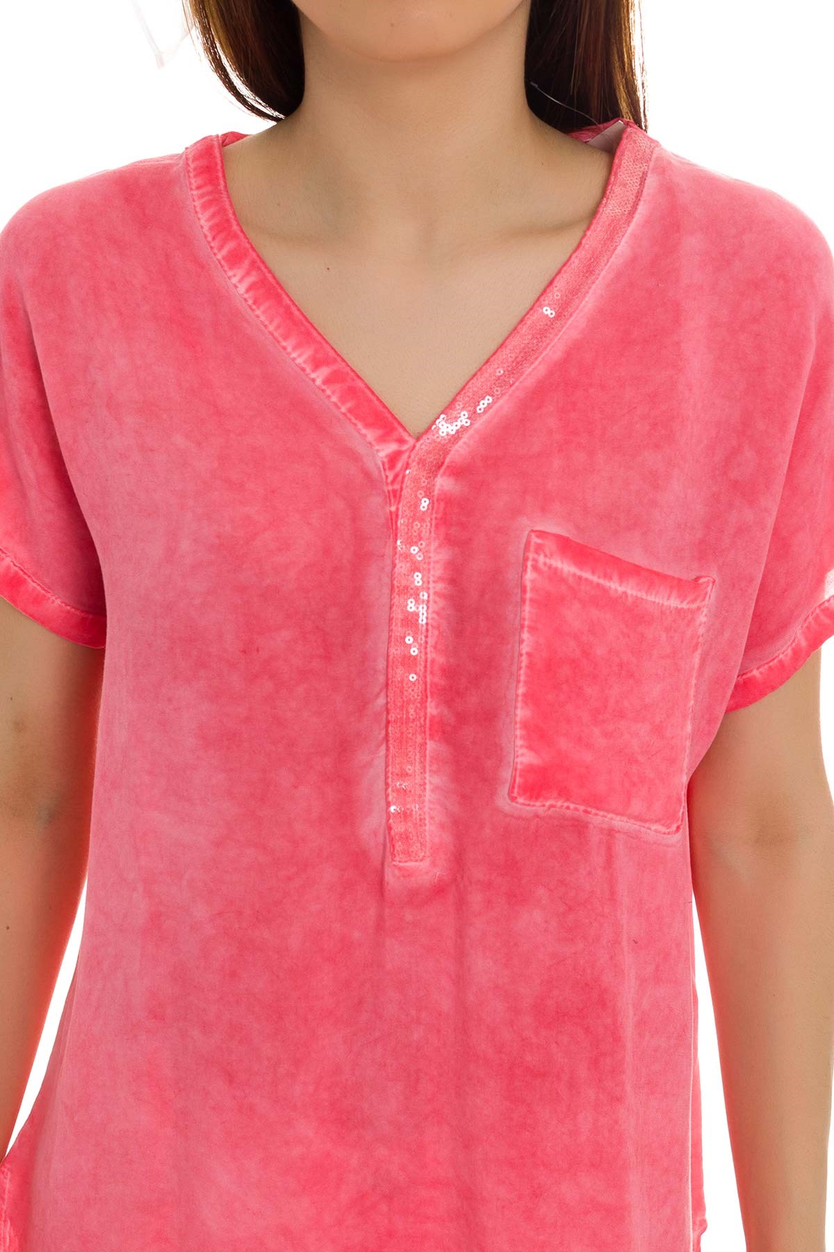 314 KB Yaka Pullu Yakma Keten Kısa Kol Bluz