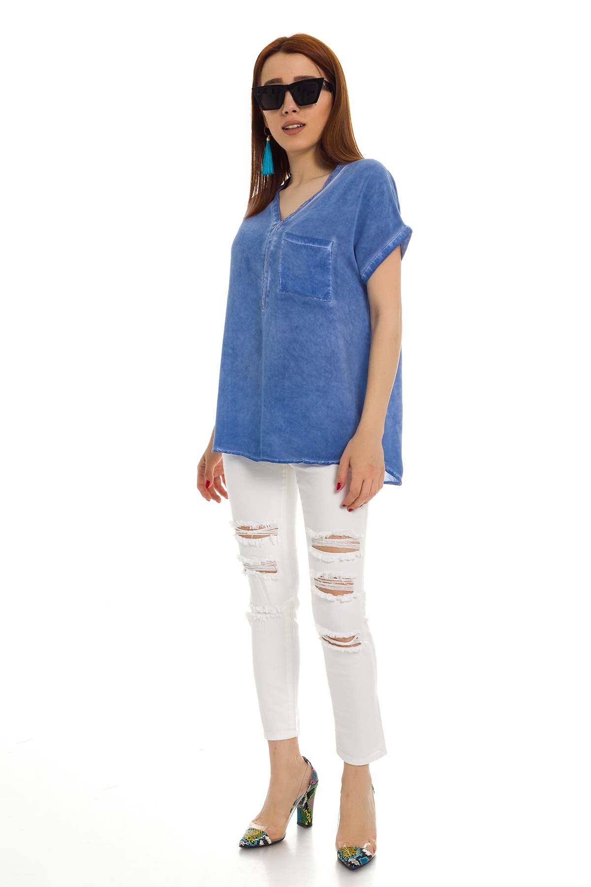 314 KB Yaka Pullu Yakma Keten Kısa Kol Bluz