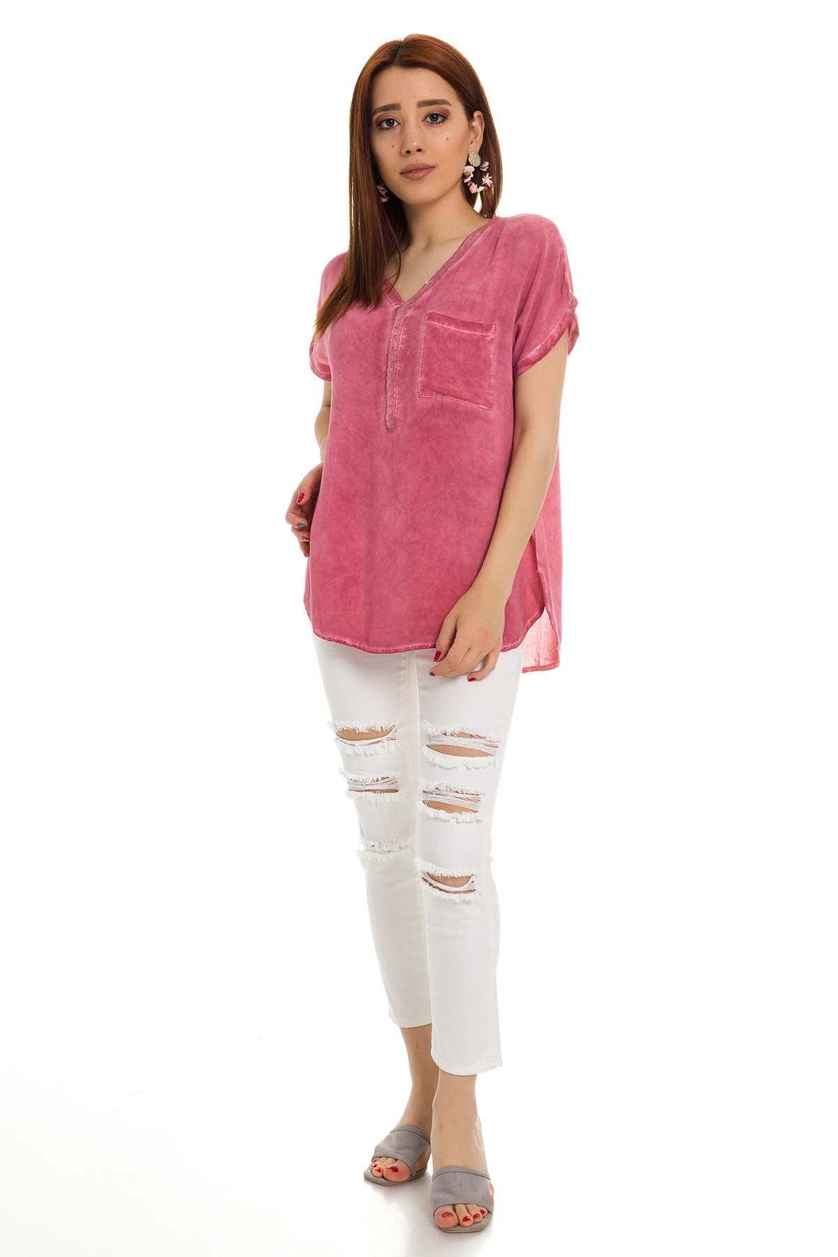 314 KB Yaka Pullu Yakma Keten Kısa Kol Bluz