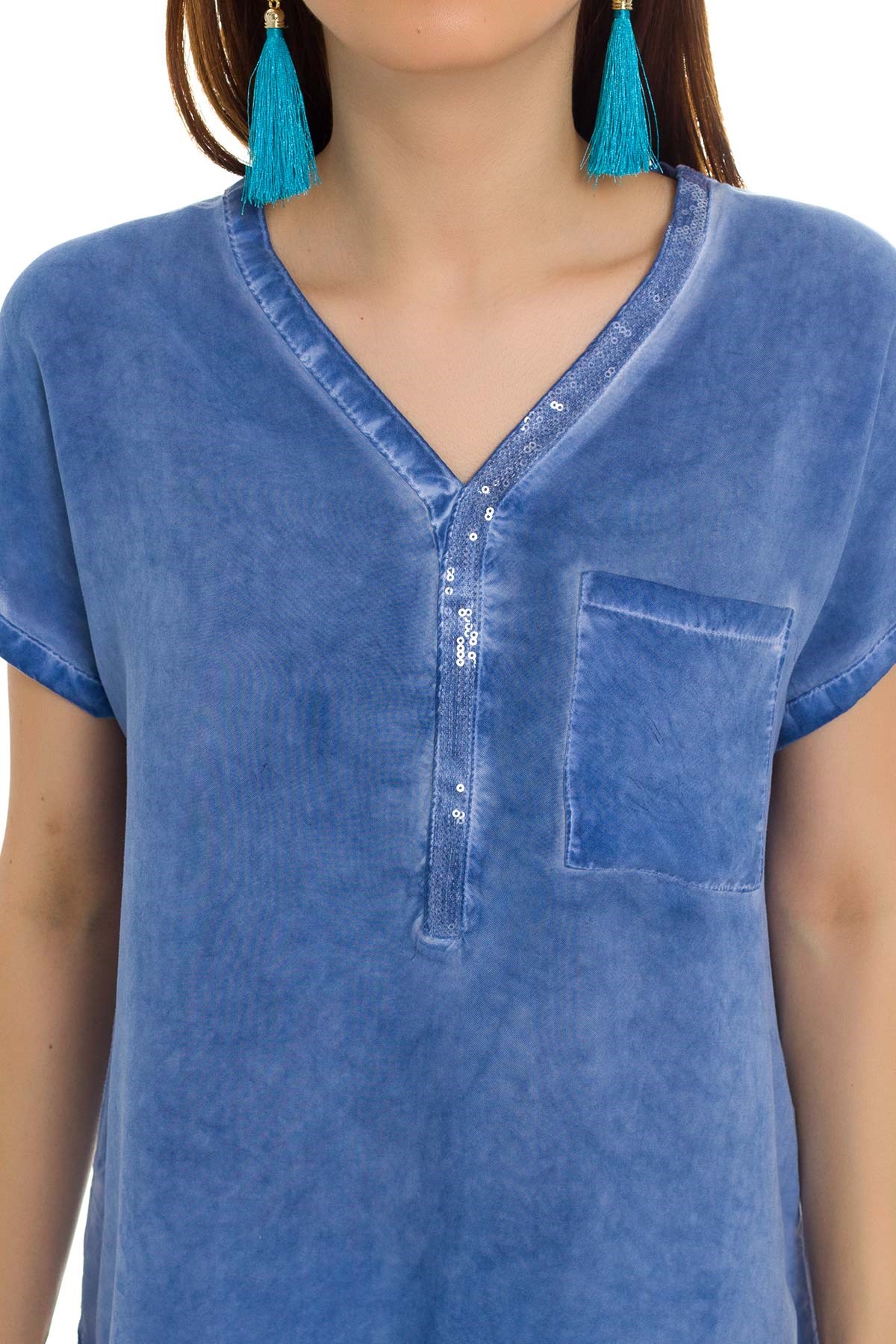 314 KB Yaka Pullu Yakma Keten Kısa Kol Bluz