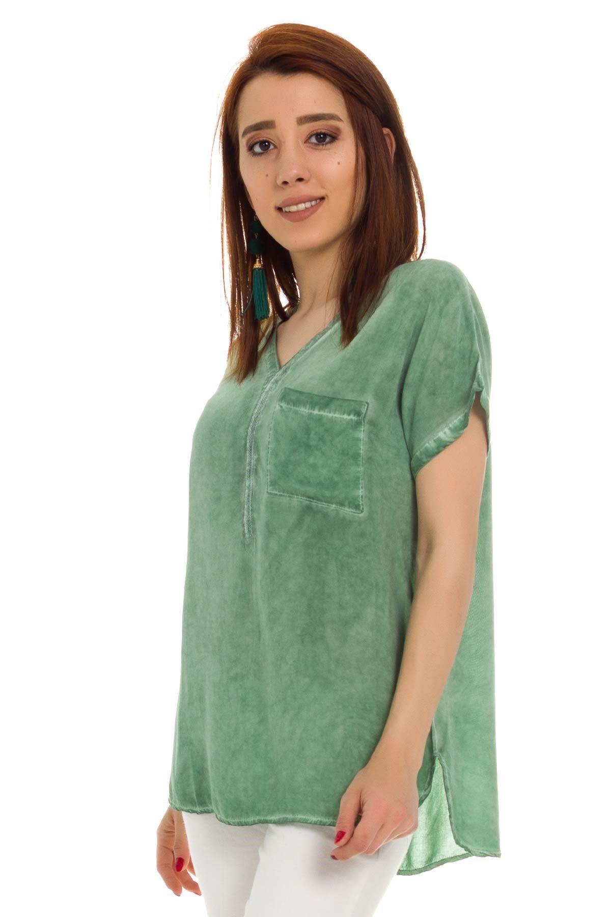 314 KB Yaka Pullu Yakma Keten Kısa Kol Bluz