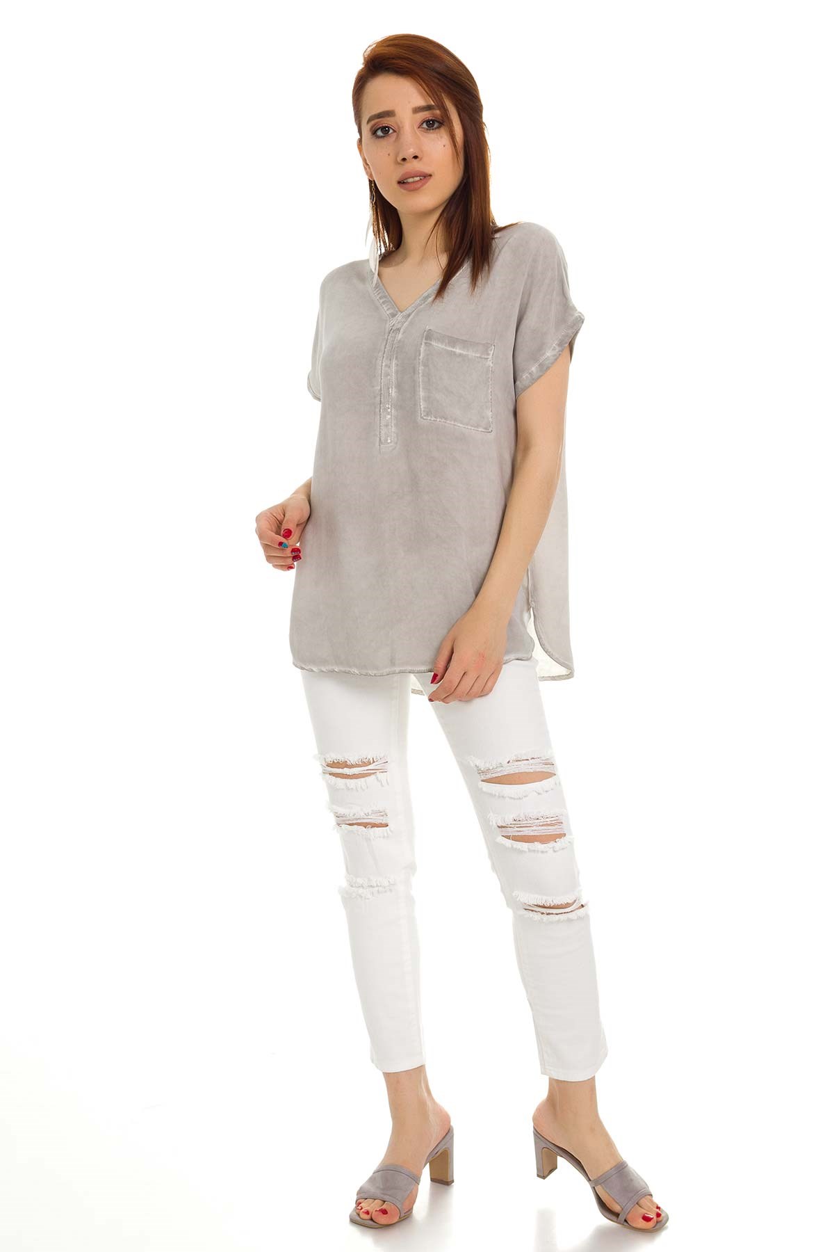 314 KB Yaka Pullu Yakma Keten Kısa Kol Bluz