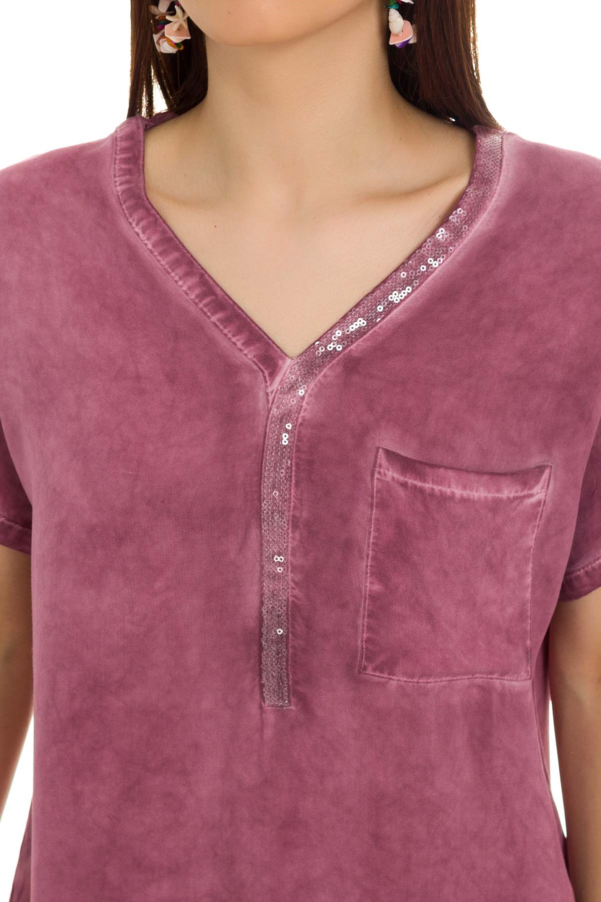 314 KB Yaka Pullu Yakma Keten Kısa Kol Bluz