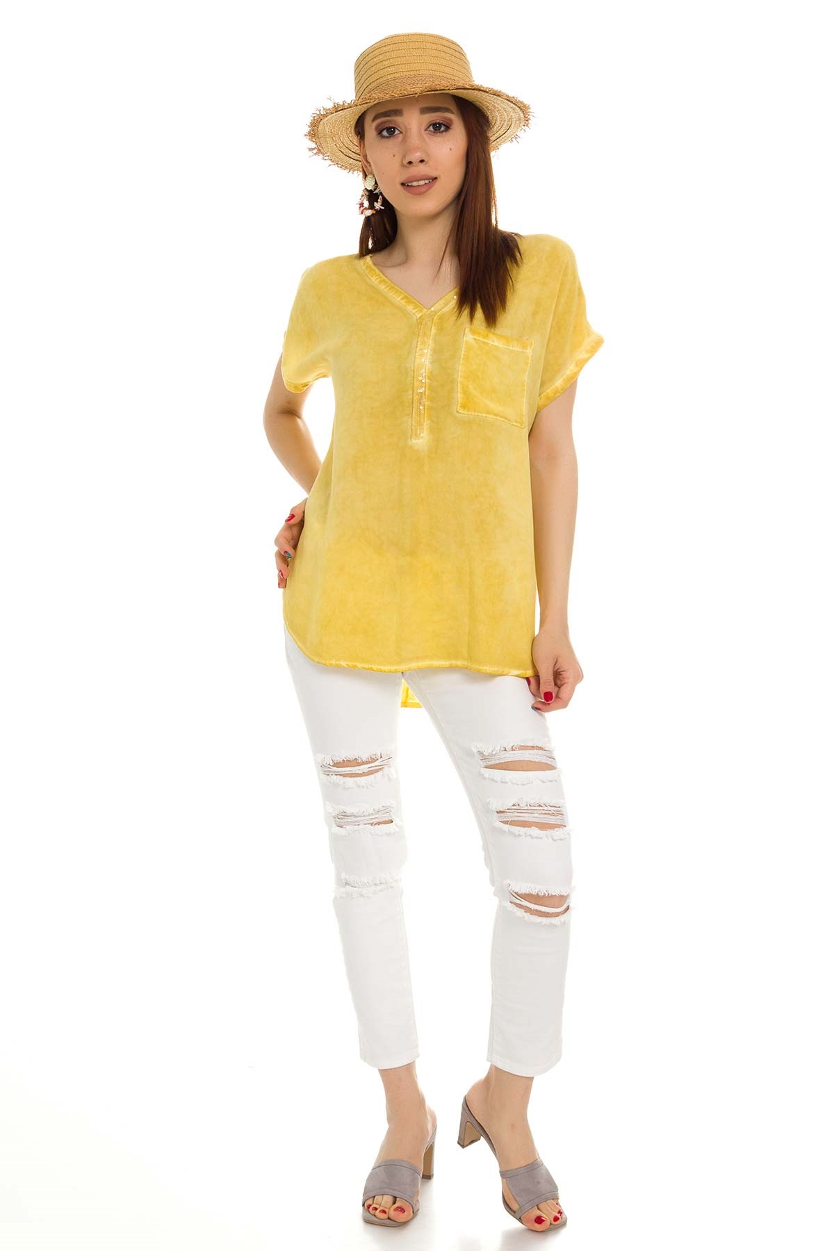 314 KB Yaka Pullu Yakma Keten Kısa Kol Bluz