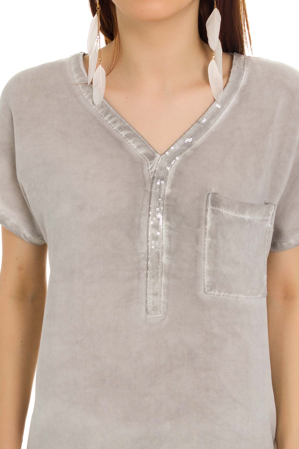 314 KB Yaka Pullu Yakma Keten Kısa Kol Bluz