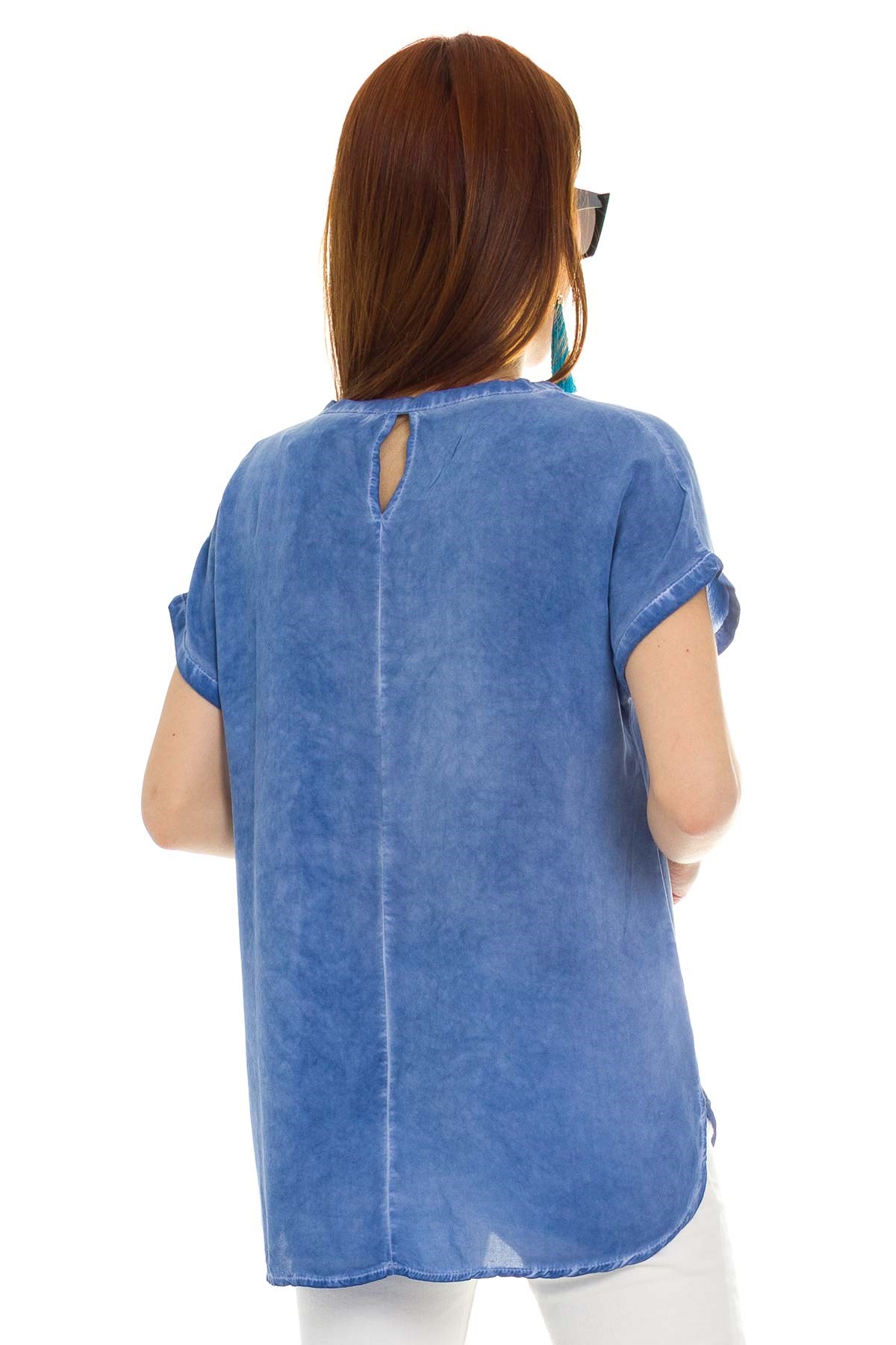 314 KB Yaka Pullu Yakma Keten Kısa Kol Bluz