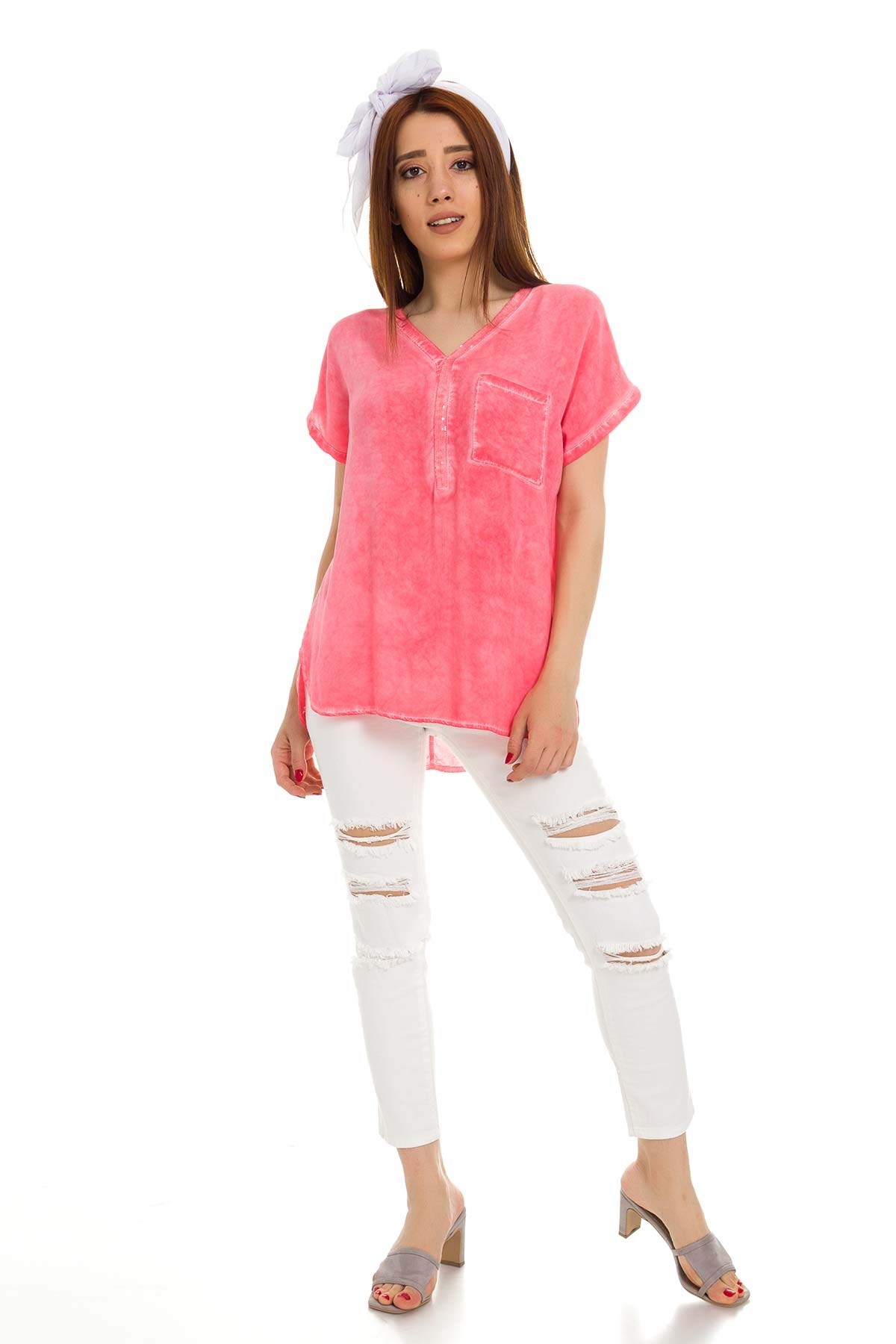 314 KB Yaka Pullu Yakma Keten Kısa Kol Bluz