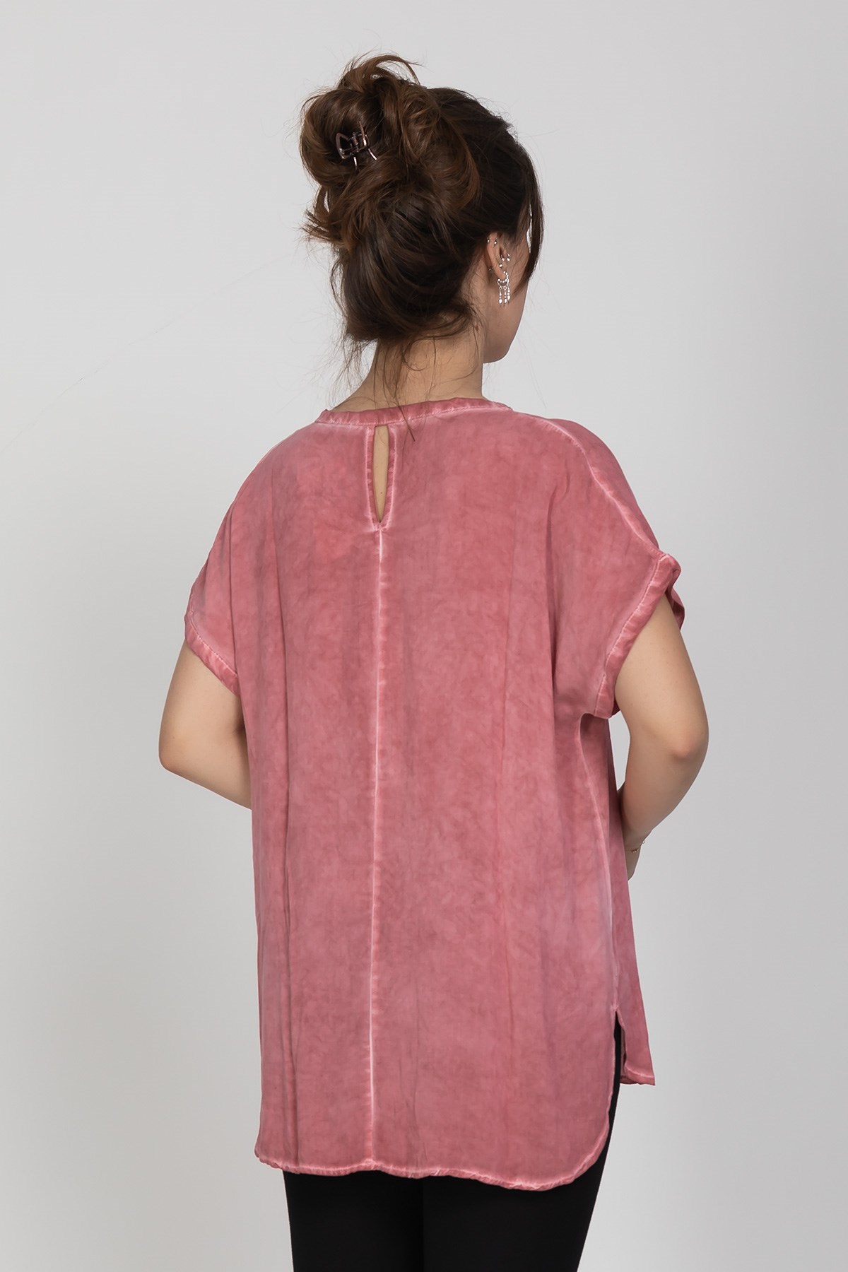 314 KB Yaka Pullu Yakma Keten Kısa Kol Bluz