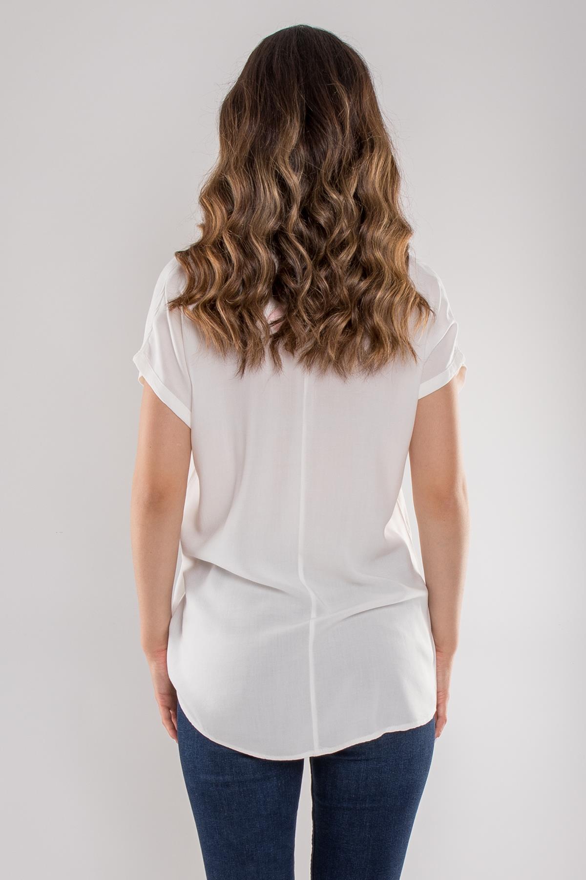 314 Yaka Pullu Yakma Keten Kısa Kol Bluz