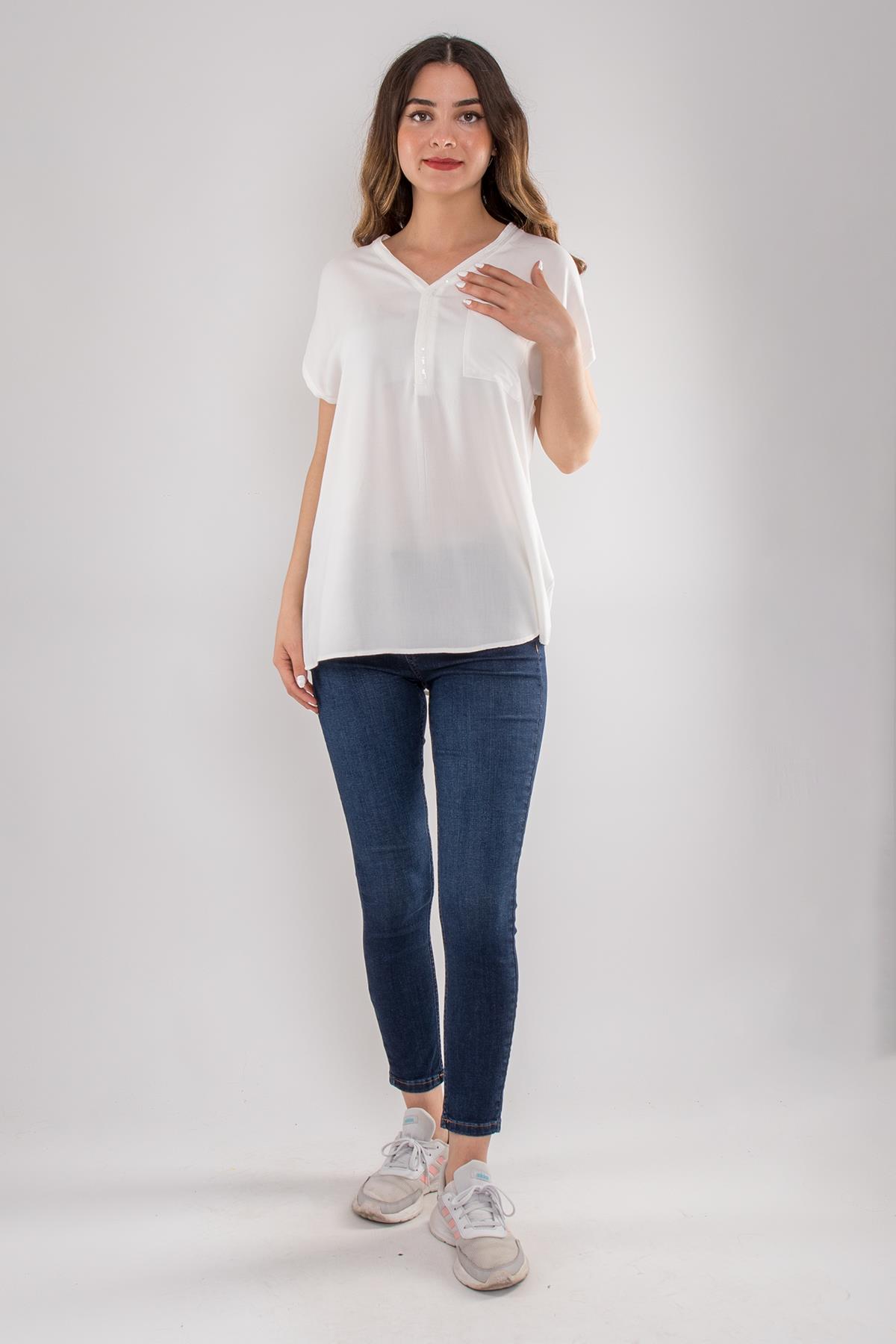 314 Yaka Pullu Yakma Keten Kısa Kol Bluz