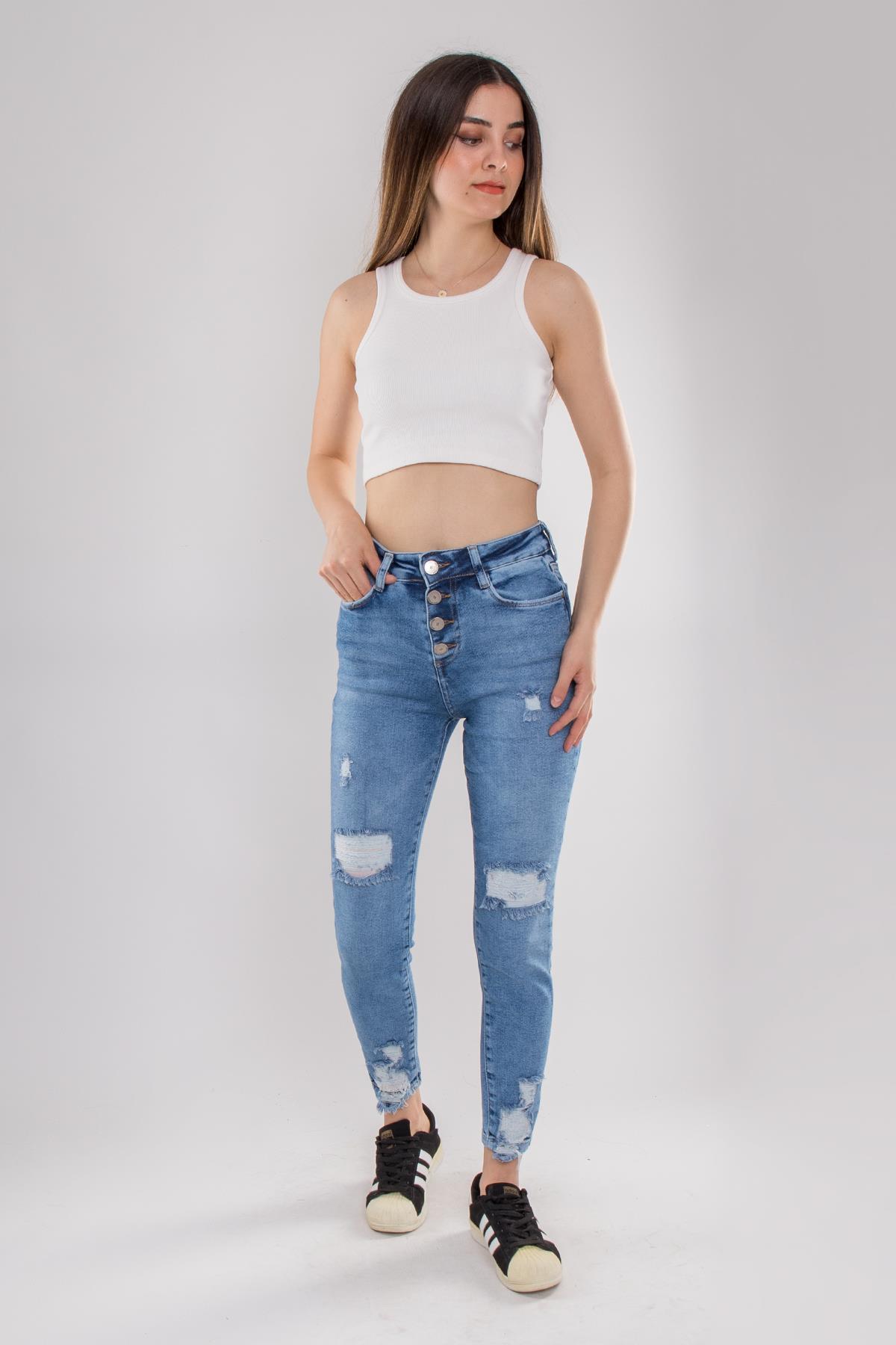 317 4 Düğme Yırtıklı Kot Kadın Pamuklu Pantolon