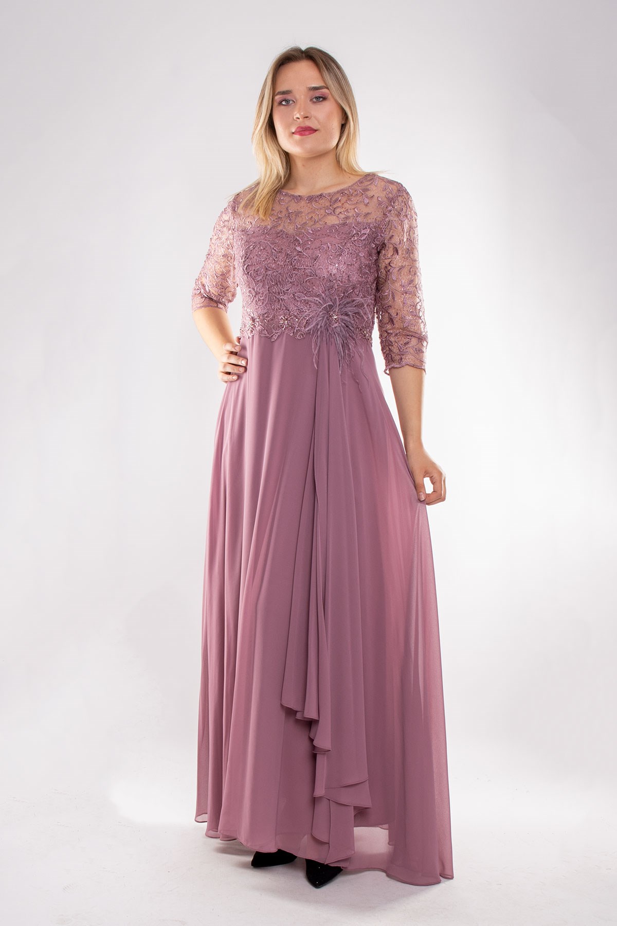 3175 Büyük Beden Truvakar Kol Yaprak Payet Taş ve Nakışlı Şifon Uzun Elbise