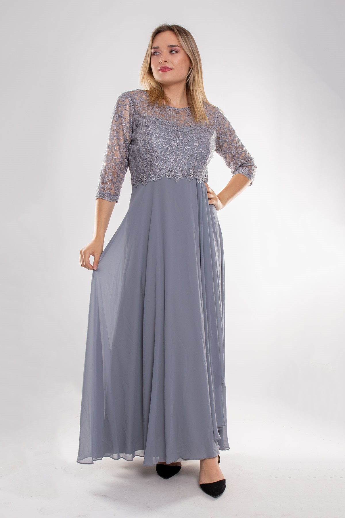 3175 Büyük Beden Truvakar Kol Yaprak Payet Taş ve Nakışlı Şifon Uzun Elbise