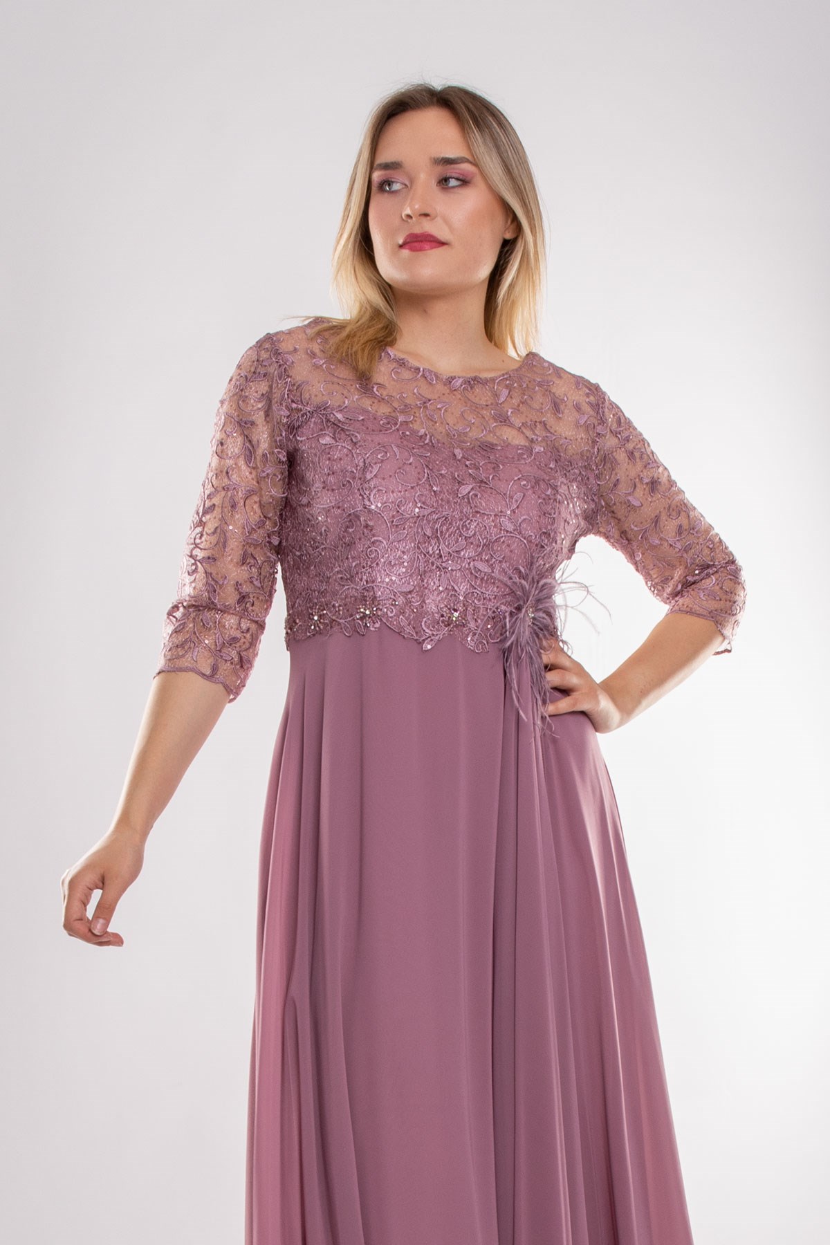 3175 Büyük Beden Truvakar Kol Yaprak Payet Taş ve Nakışlı Şifon Uzun Elbise