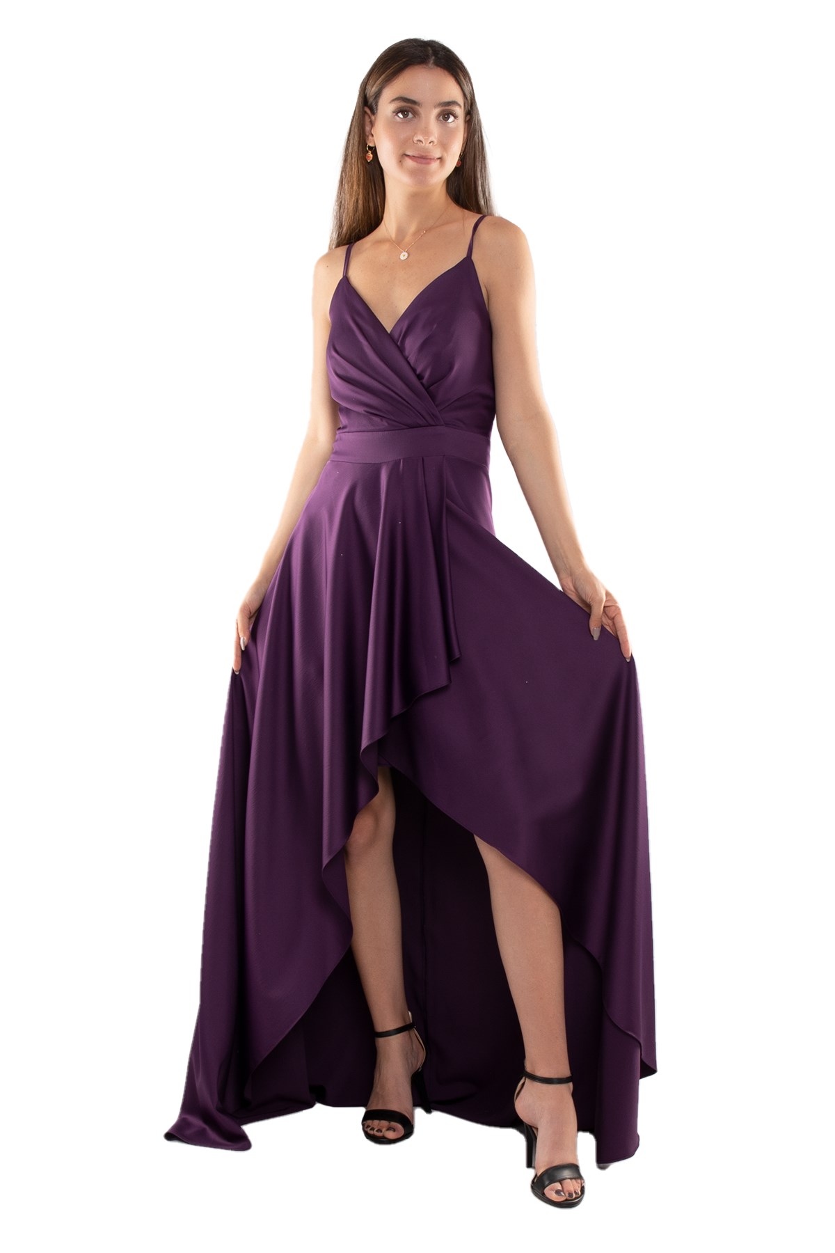 320 Önü Drapeli Asimetrik Kesim İp Askı İpek Saten Uzun Abiye