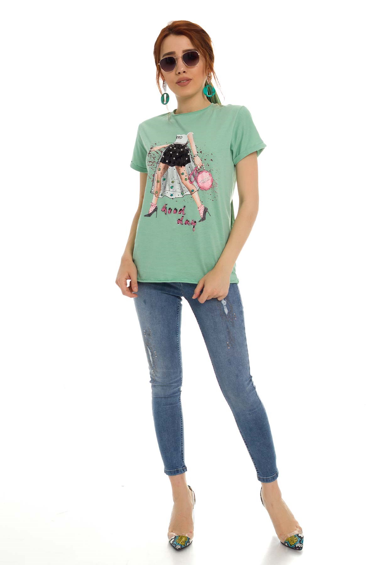 3218 Pullu GoodDay Yazılı Tshirt