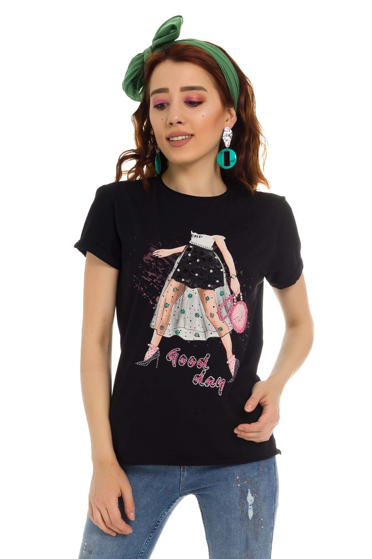 3218 Pullu GoodDay Yazılı Tshirt