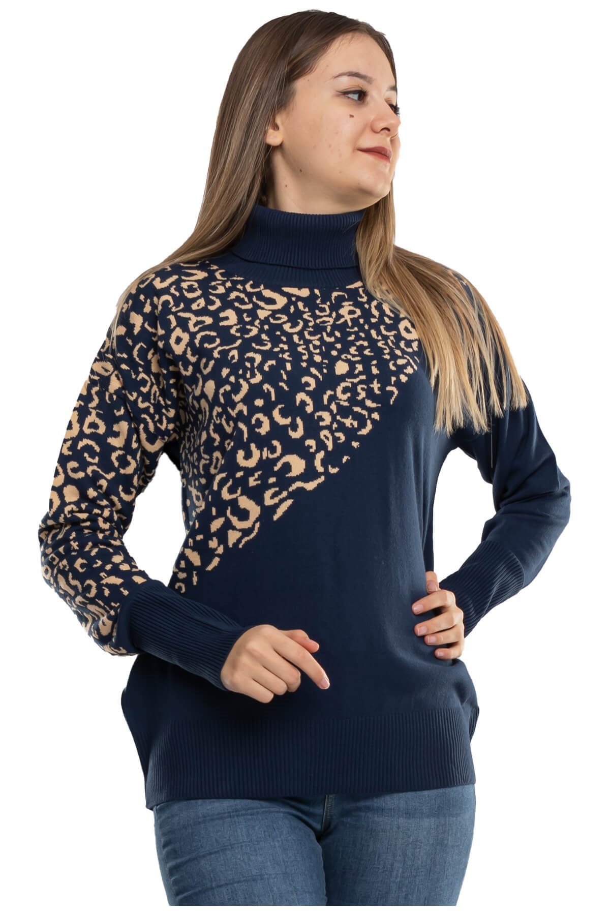 32267 Tam Balıkçı Desenli Kadın Kazak