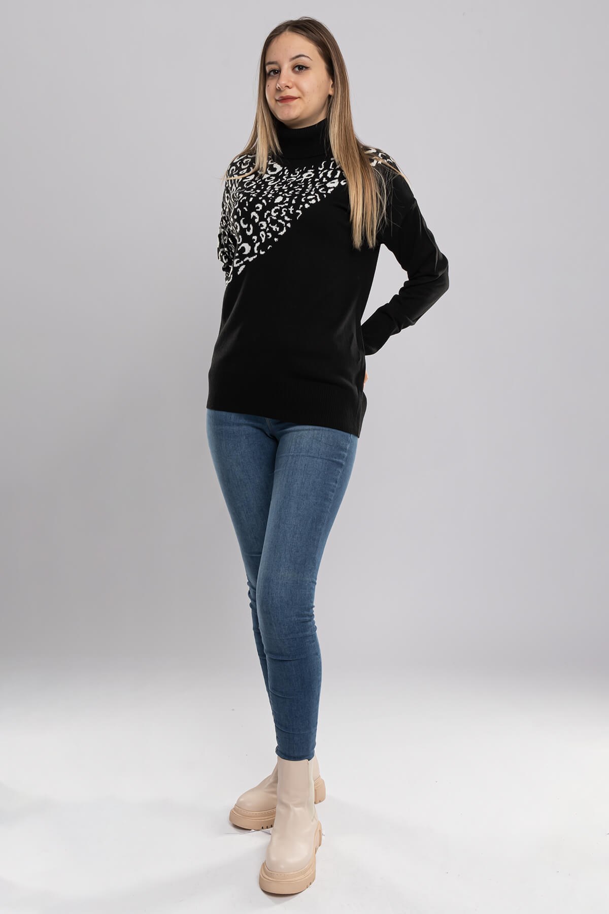 32267 Tam Balıkçı Desenli Kadın Kazak