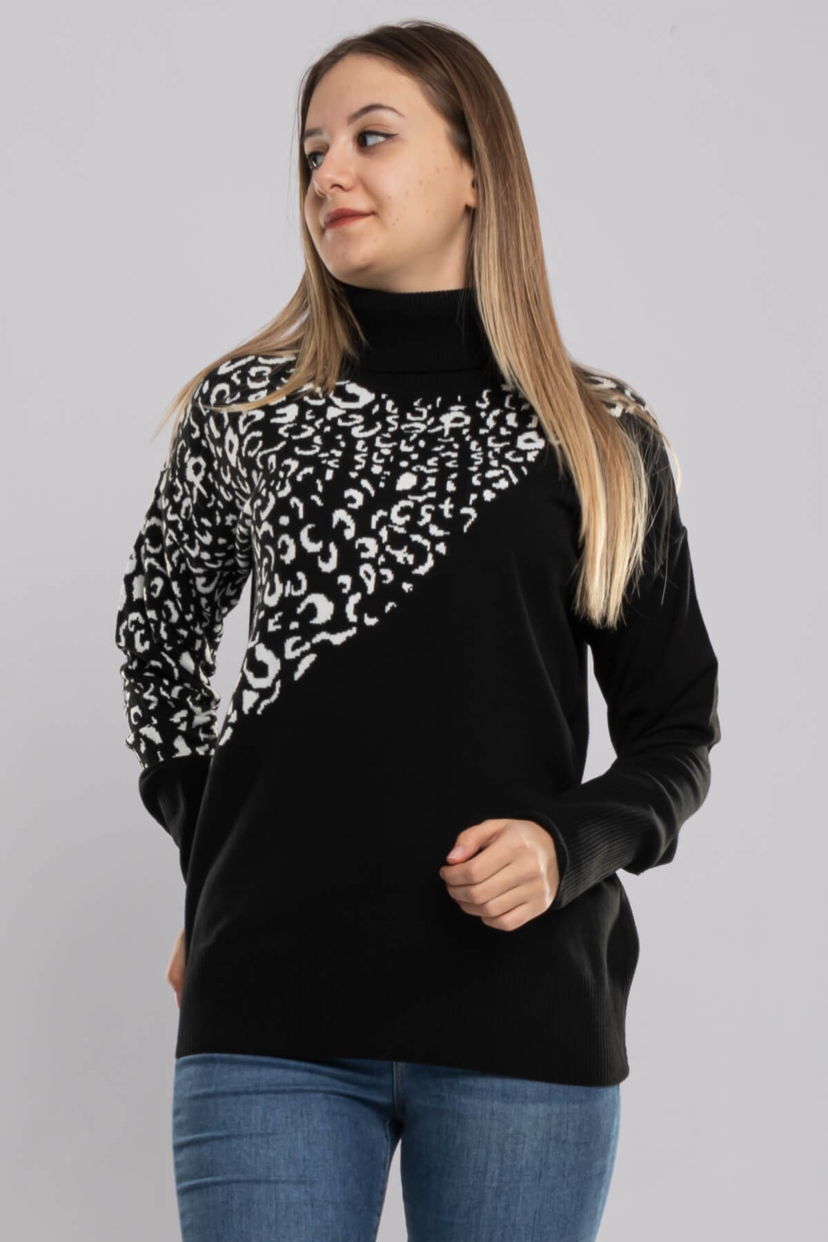 32267 Tam Balıkçı Desenli Kadın Kazak