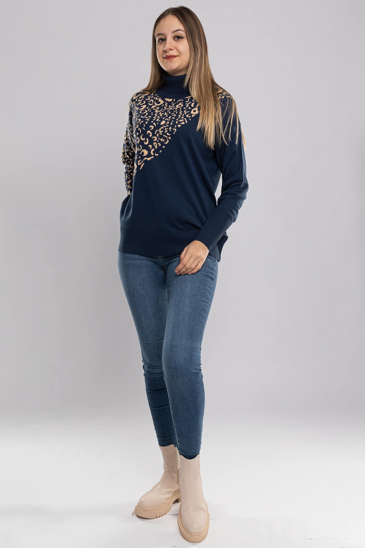 32267 Tam Balıkçı Desenli Kadın Kazak