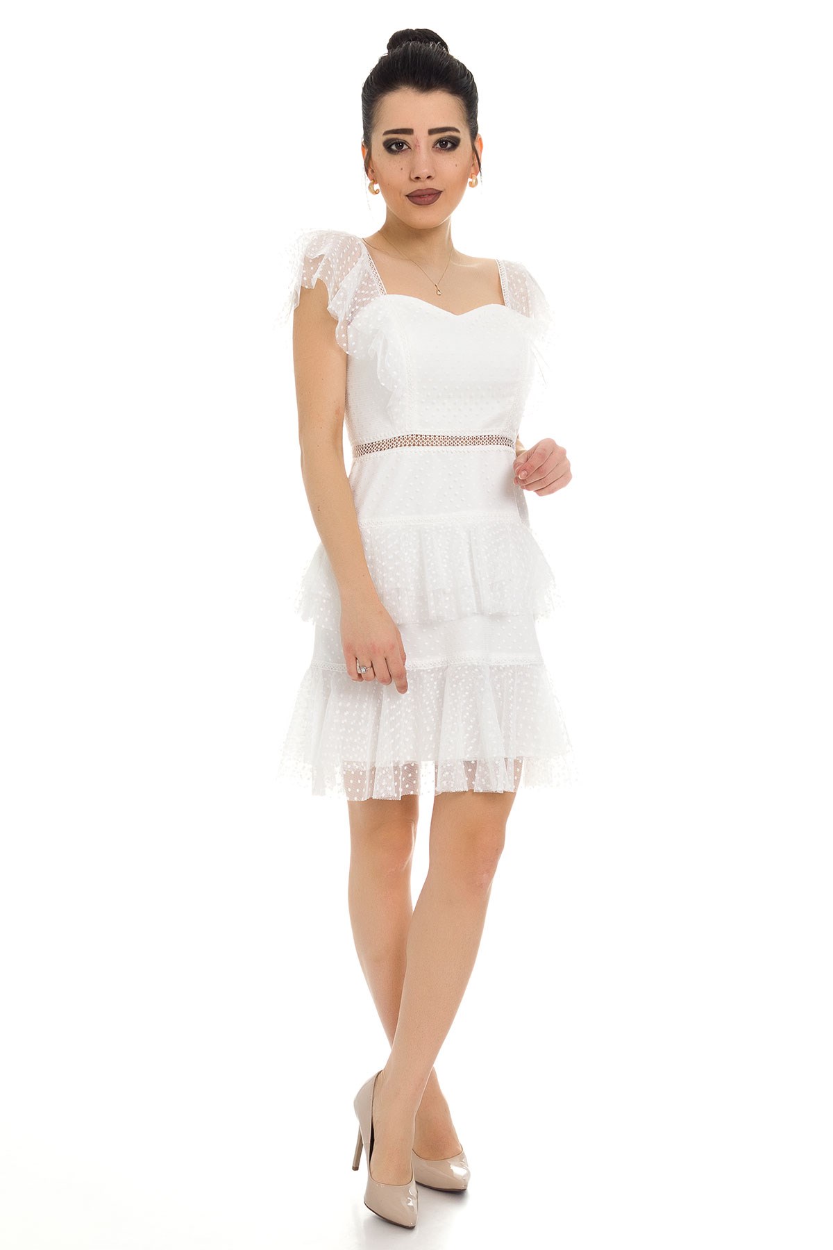 323 BB Öpücük Yaka-Eteği Fırfırlı Kısa Abiye