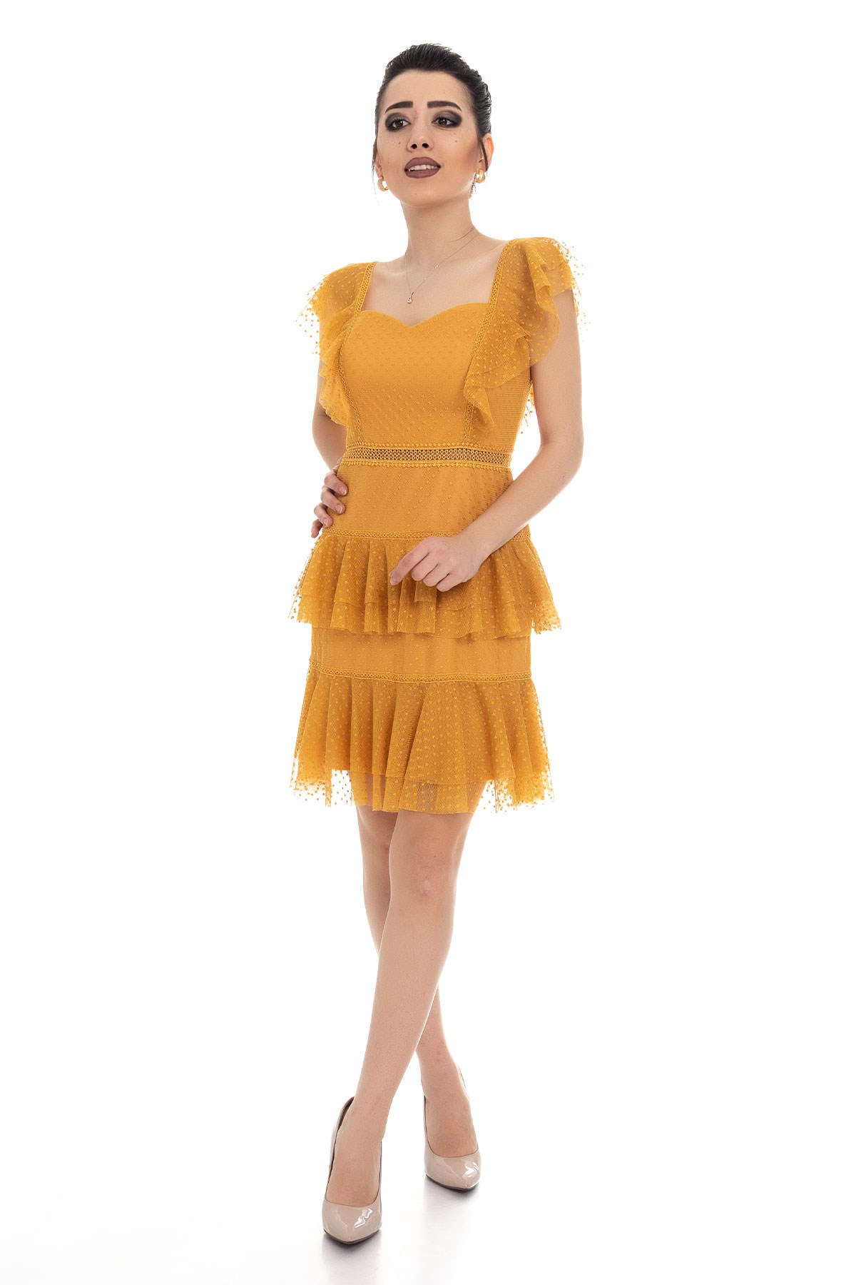 323 BB Öpücük Yaka-Eteği Fırfırlı Kısa Abiye