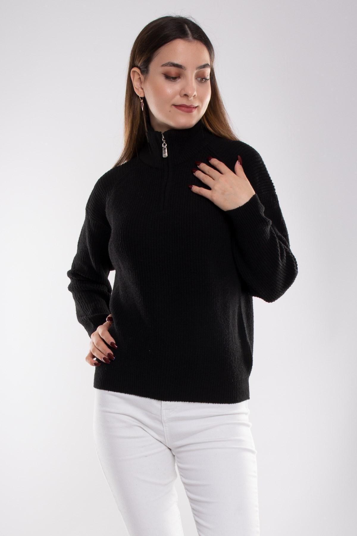 32322 Yarım Balıkçı Yaka Fermuarlı Kadın Triko Kazak