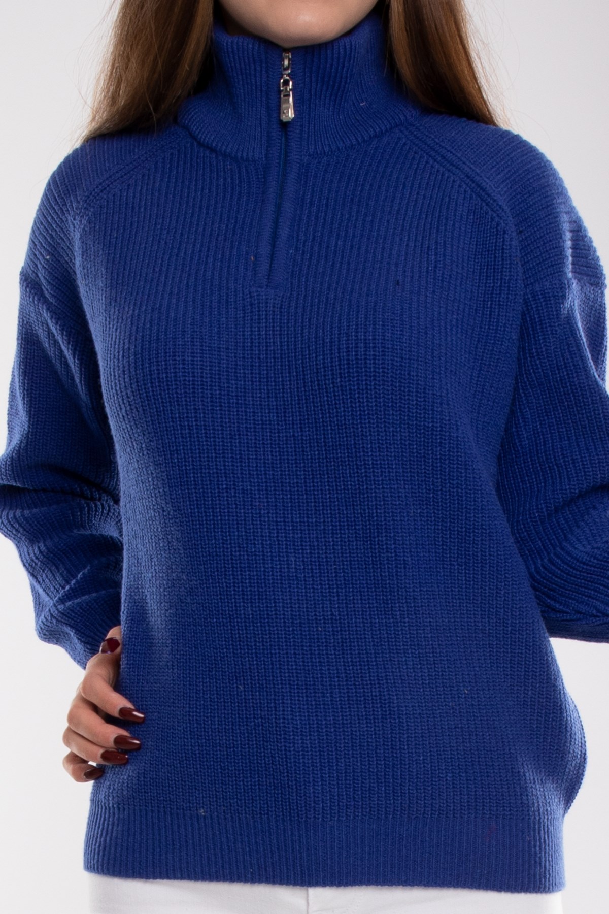 32322 Yarım Balıkçı Yaka Fermuarlı Kadın Triko Kazak