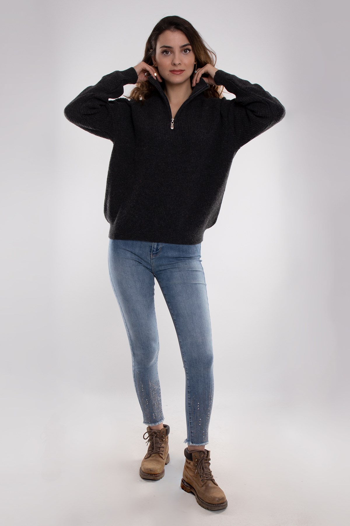 32322 Yarım Balıkçı Yaka Fermuarlı Kadın Triko Kazak