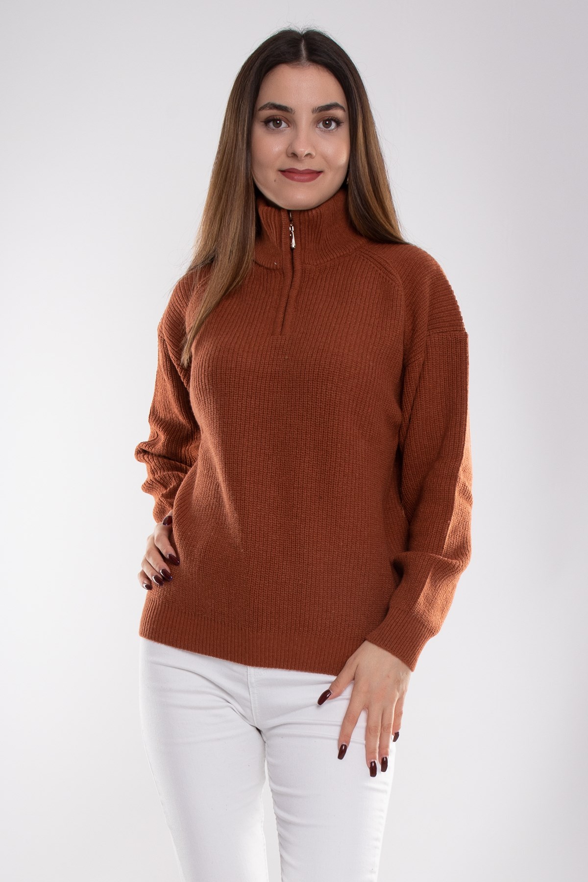 32322 Yarım Balıkçı Yaka Fermuarlı Kadın Triko Kazak