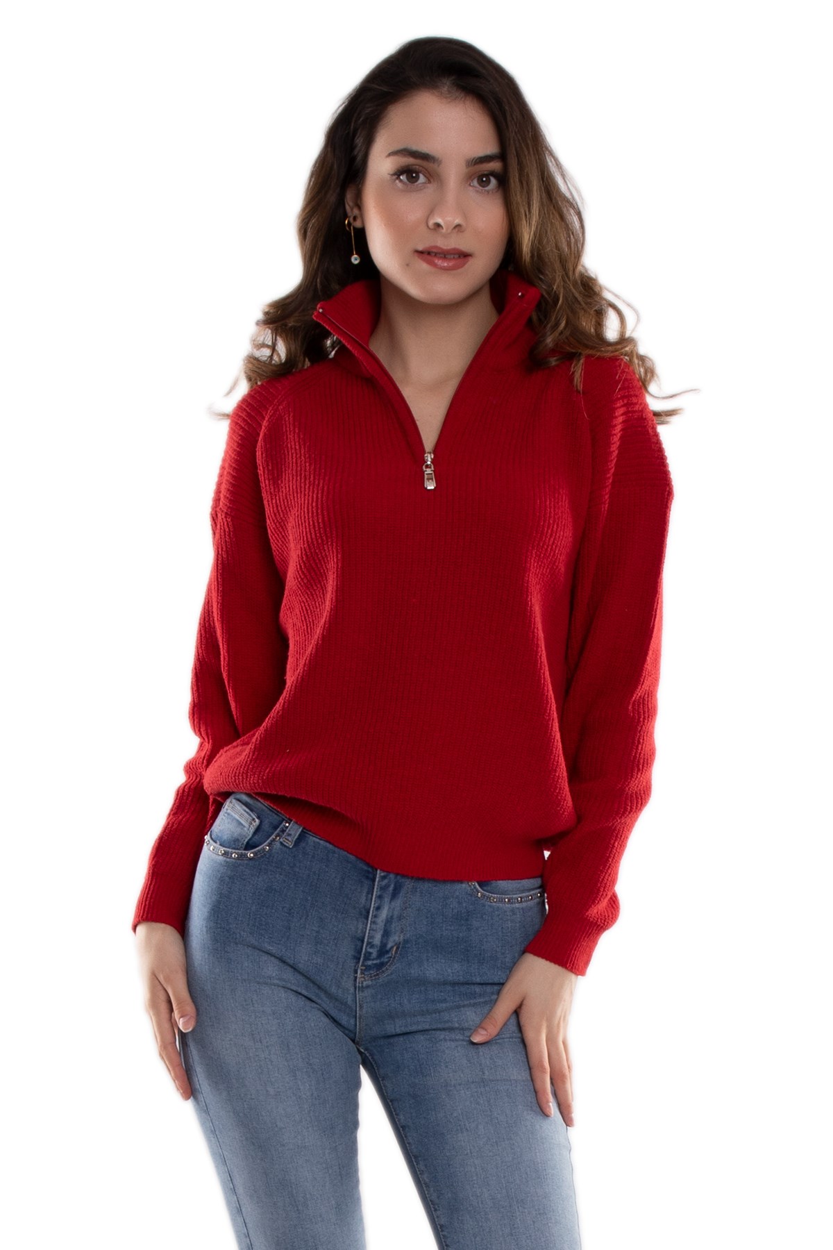 32322 Yarım Balıkçı Yaka Fermuarlı Kadın Triko Kazak