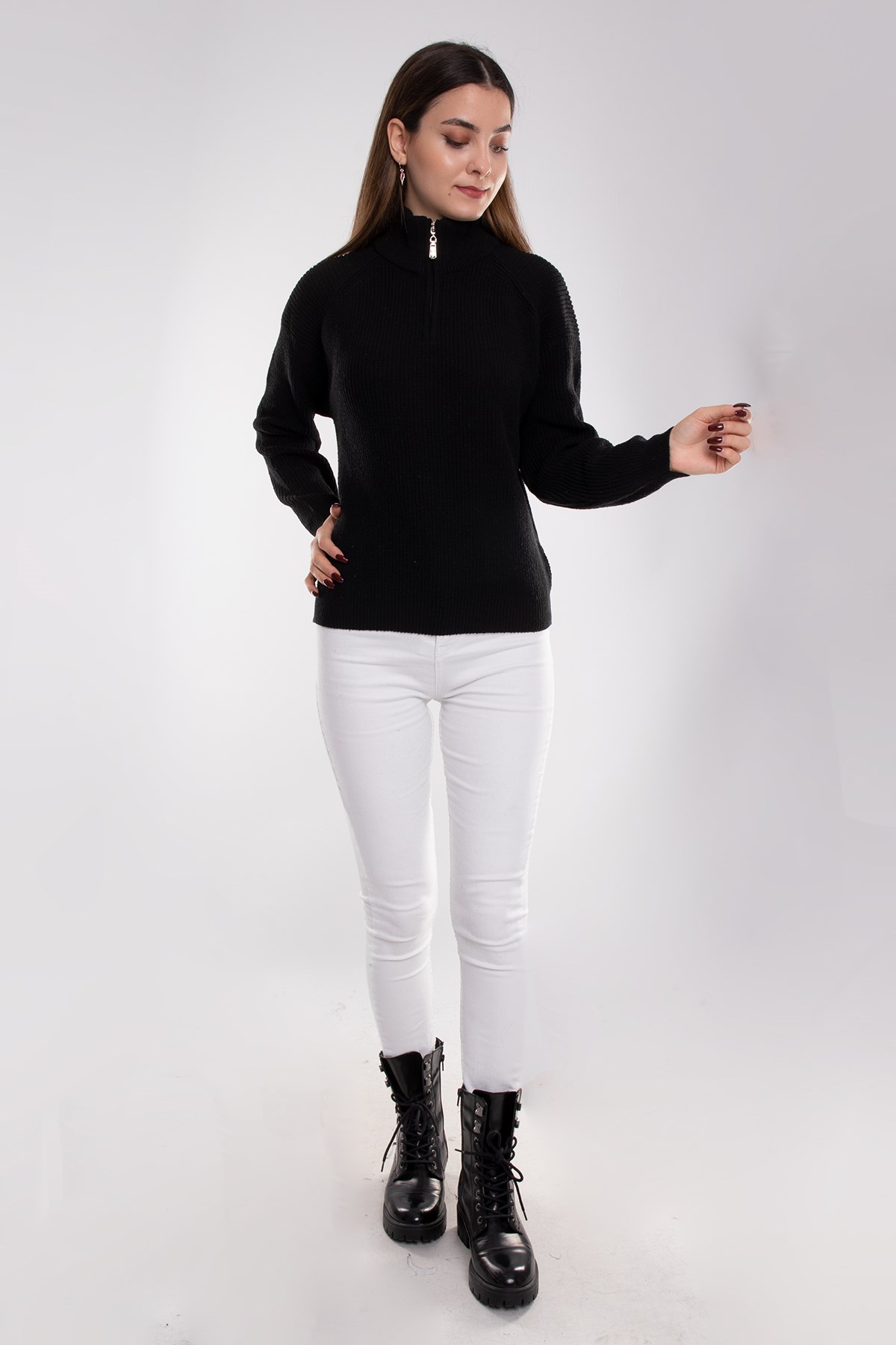 32322 Yarım Balıkçı Yaka Fermuarlı Kadın Triko Kazak