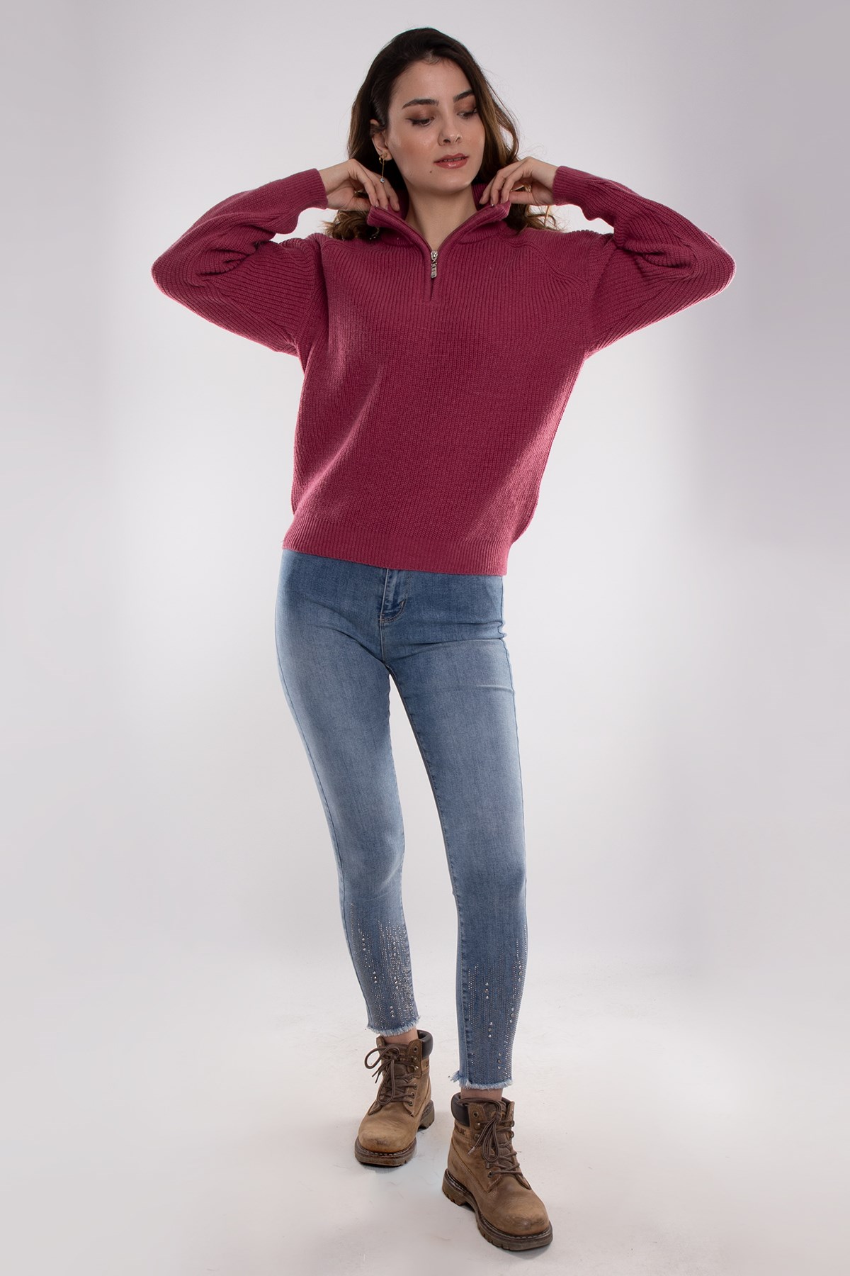 32322 Yarım Balıkçı Yaka Fermuarlı Kadın Triko Kazak