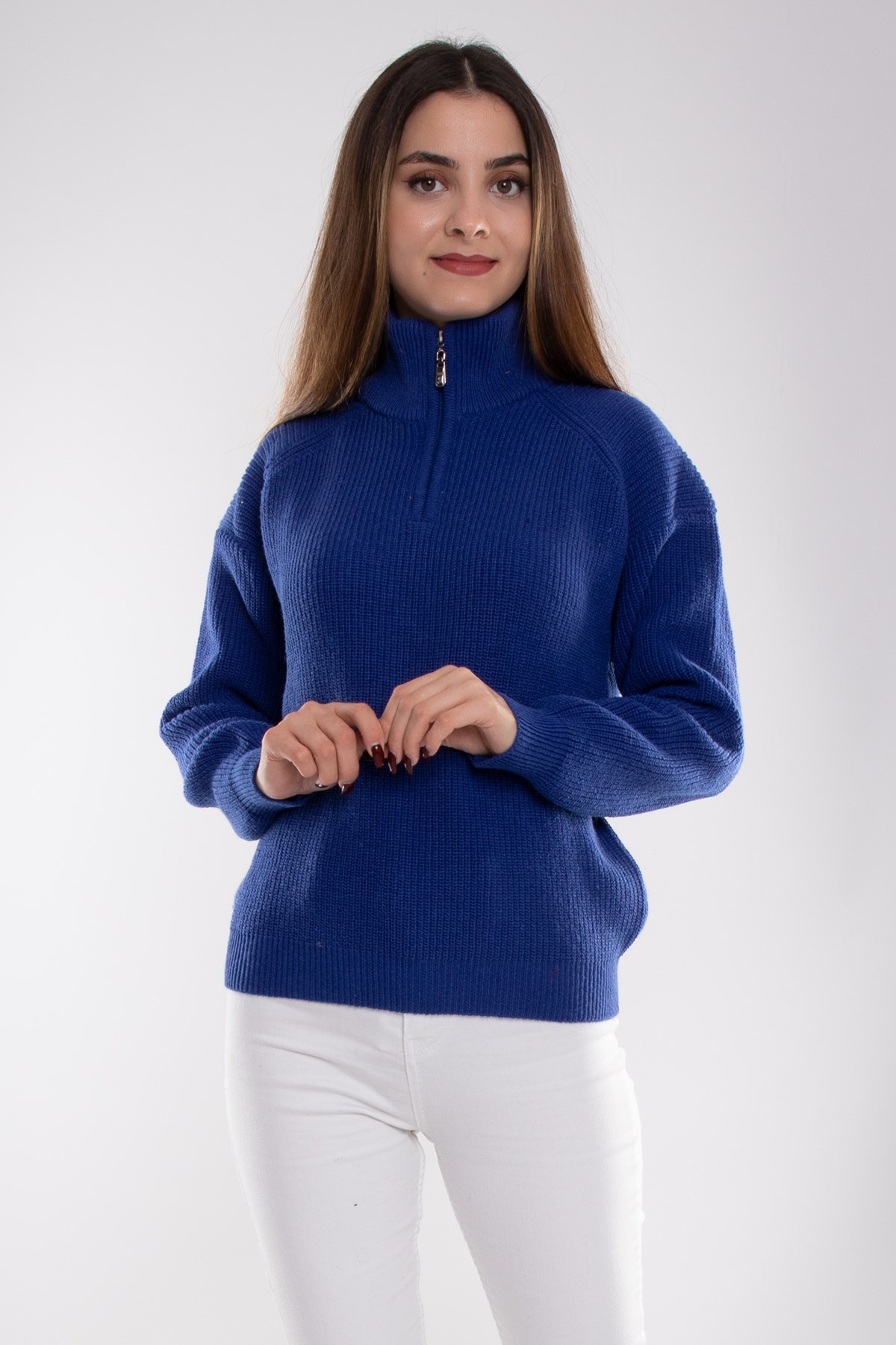 32322 Yarım Balıkçı Yaka Fermuarlı Kadın Triko Kazak