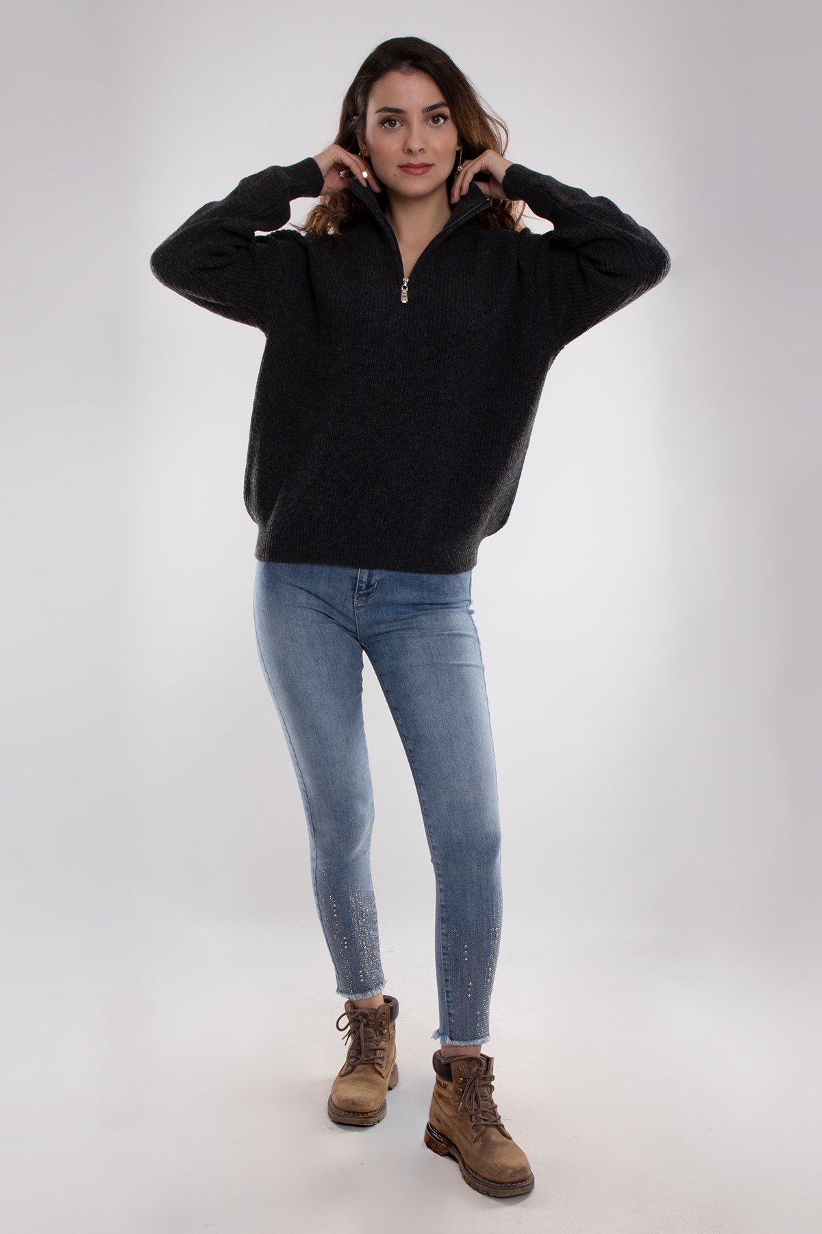 32322 Yarım Balıkçı Yaka Fermuarlı Kadın Triko Kazak