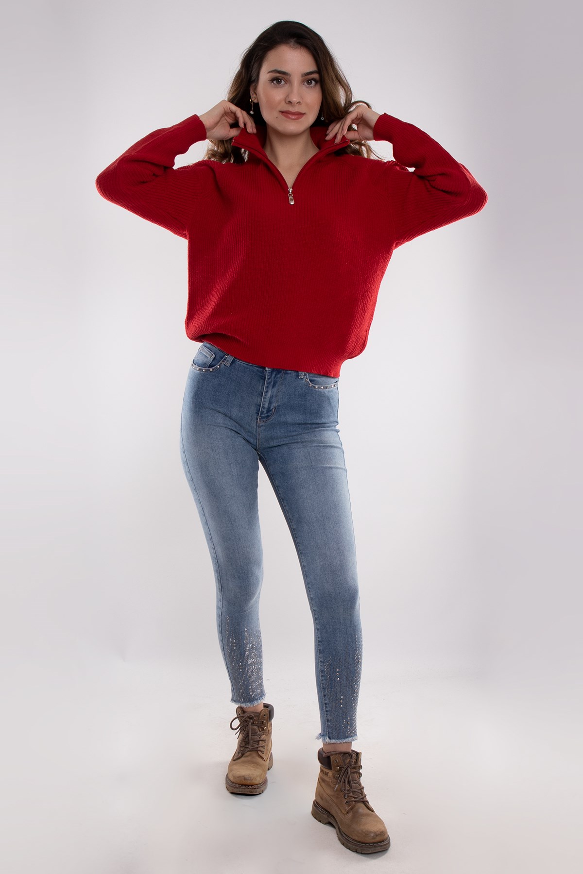 32322 Yarım Balıkçı Yaka Fermuarlı Kadın Triko Kazak