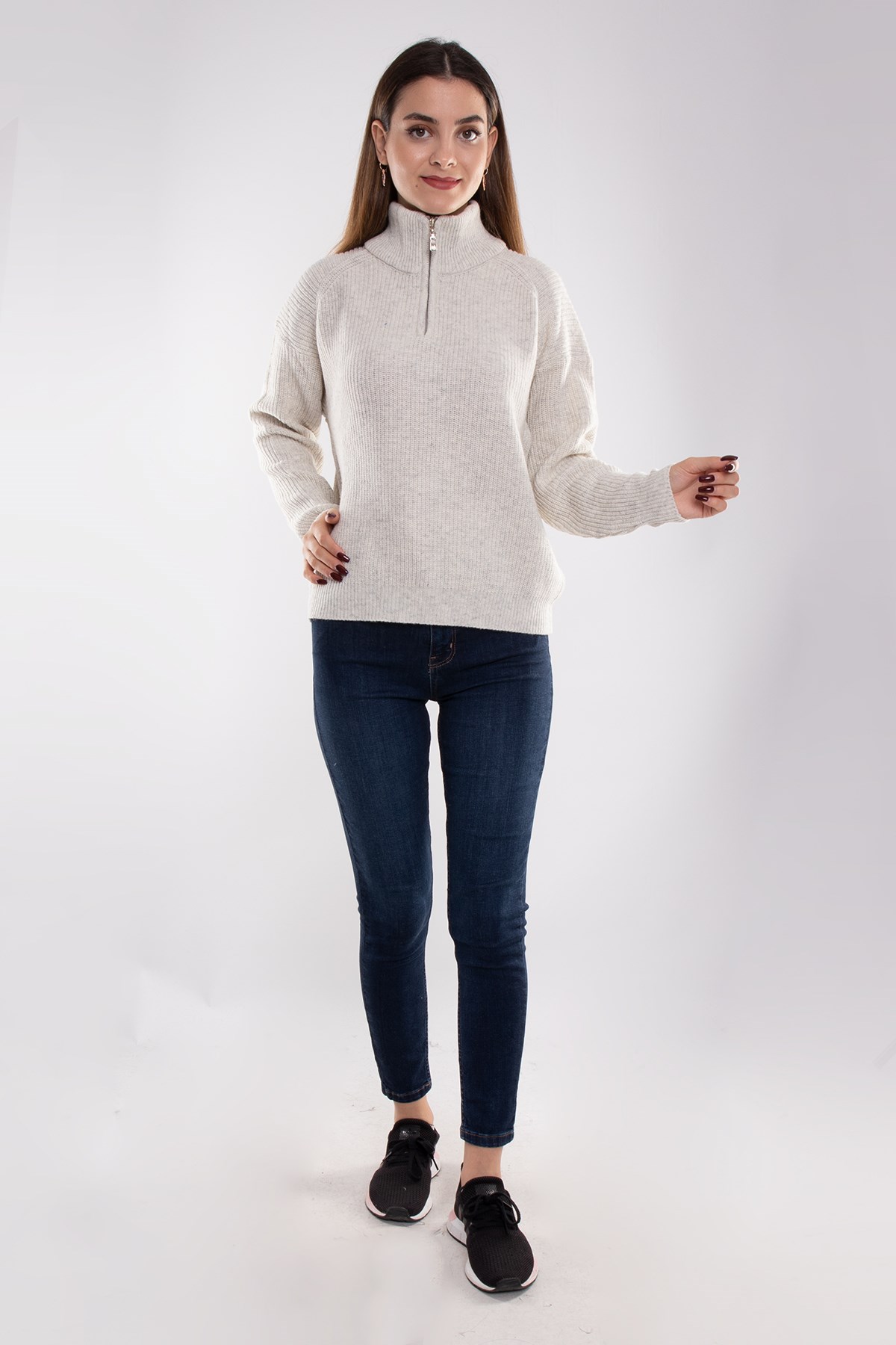 32322 Yarım Balıkçı Yaka Fermuarlı Kadın Triko Kazak