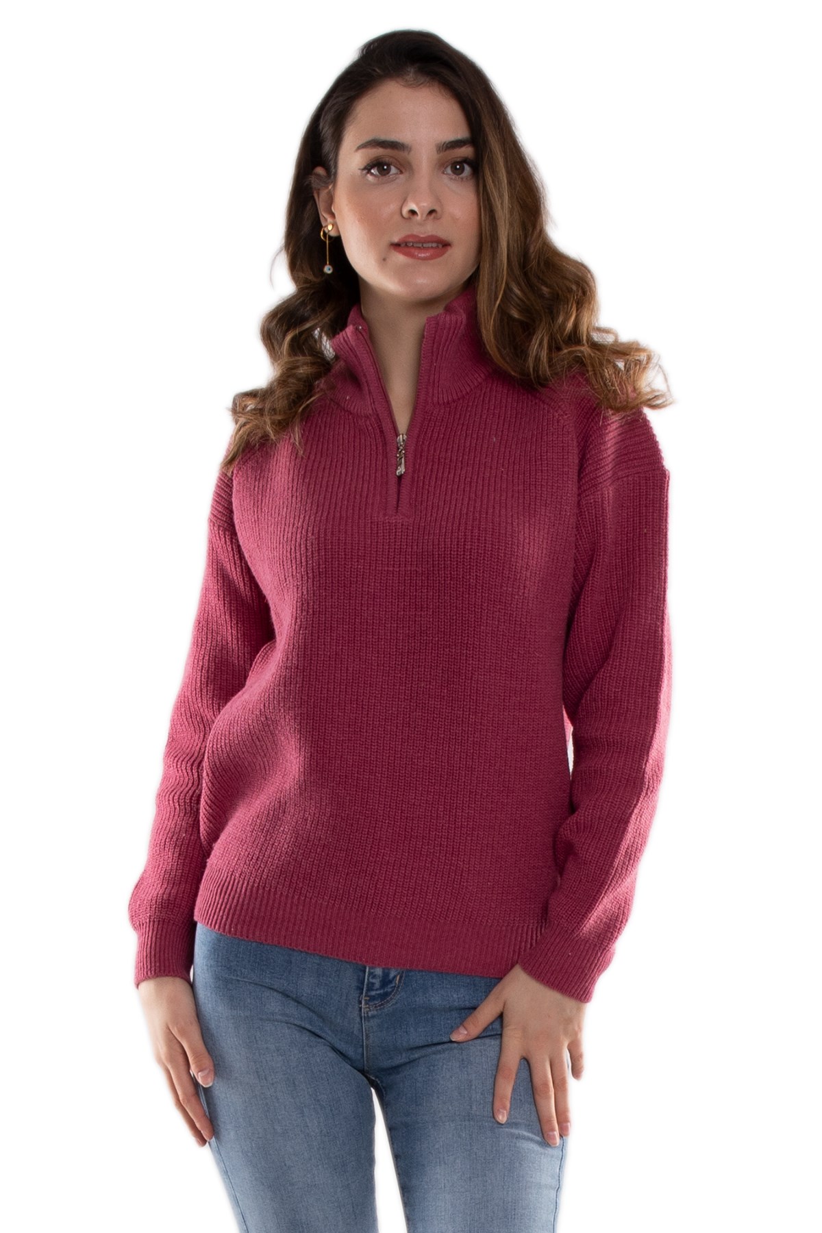32322 Yarım Balıkçı Yaka Fermuarlı Kadın Triko Kazak