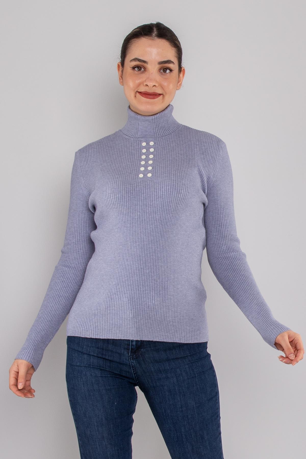 32325 Tam Balıkçı Yaka Kol Düğmeli Triko Kadın Kazak