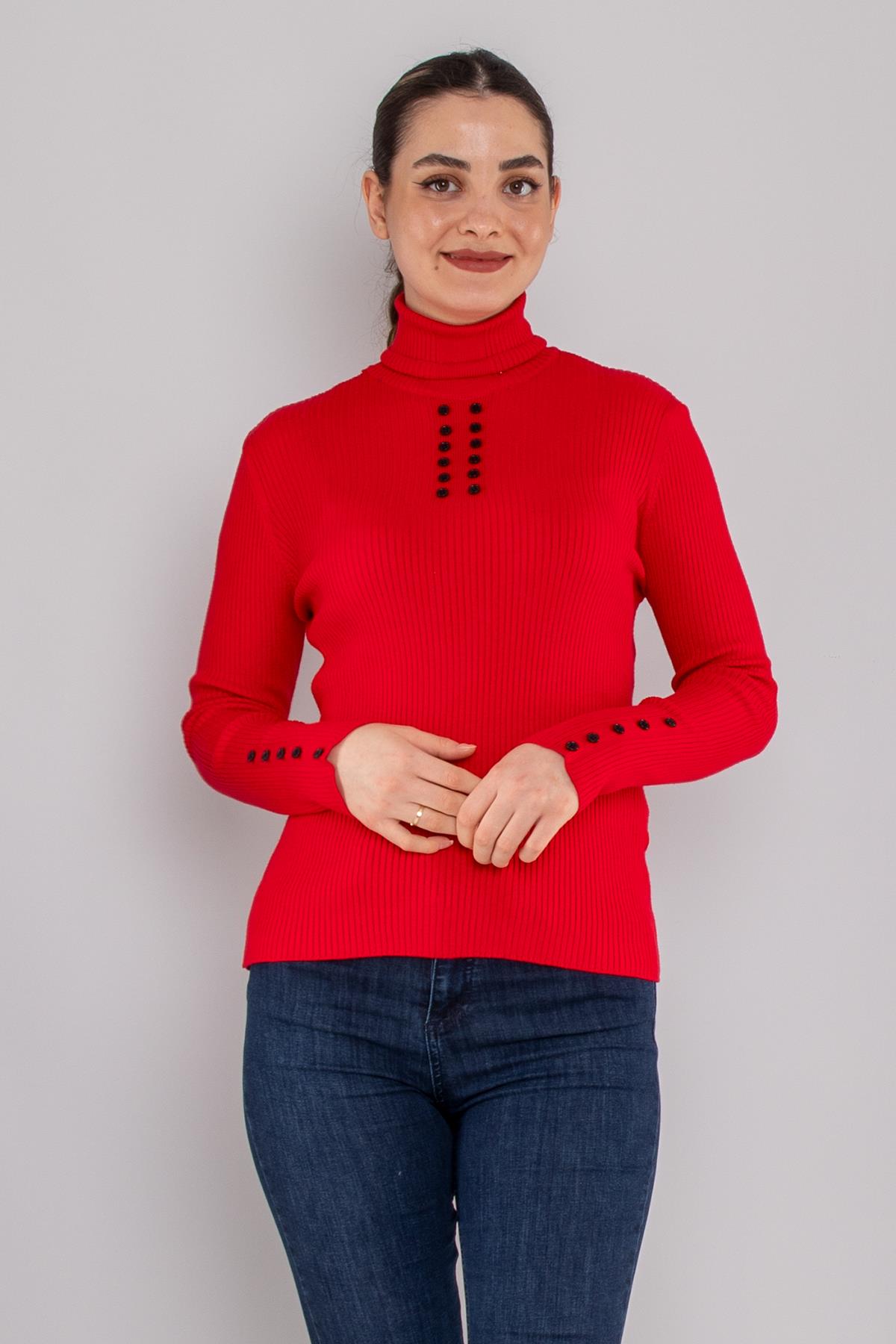 32325 Tam Balıkçı Yaka Kol Düğmeli Triko Kadın Kazak