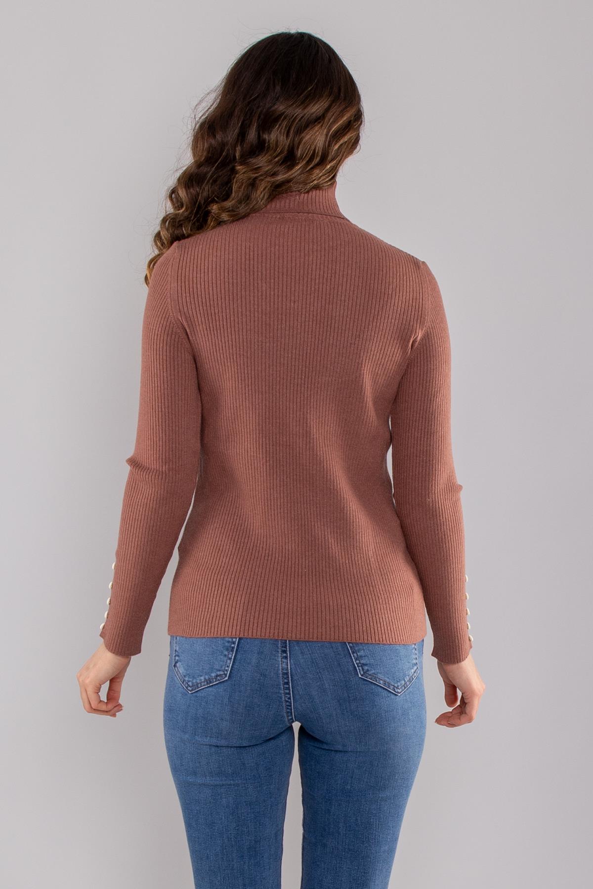 32325 Tam Balıkçı Yaka Kol Düğmeli Triko Kadın Kazak