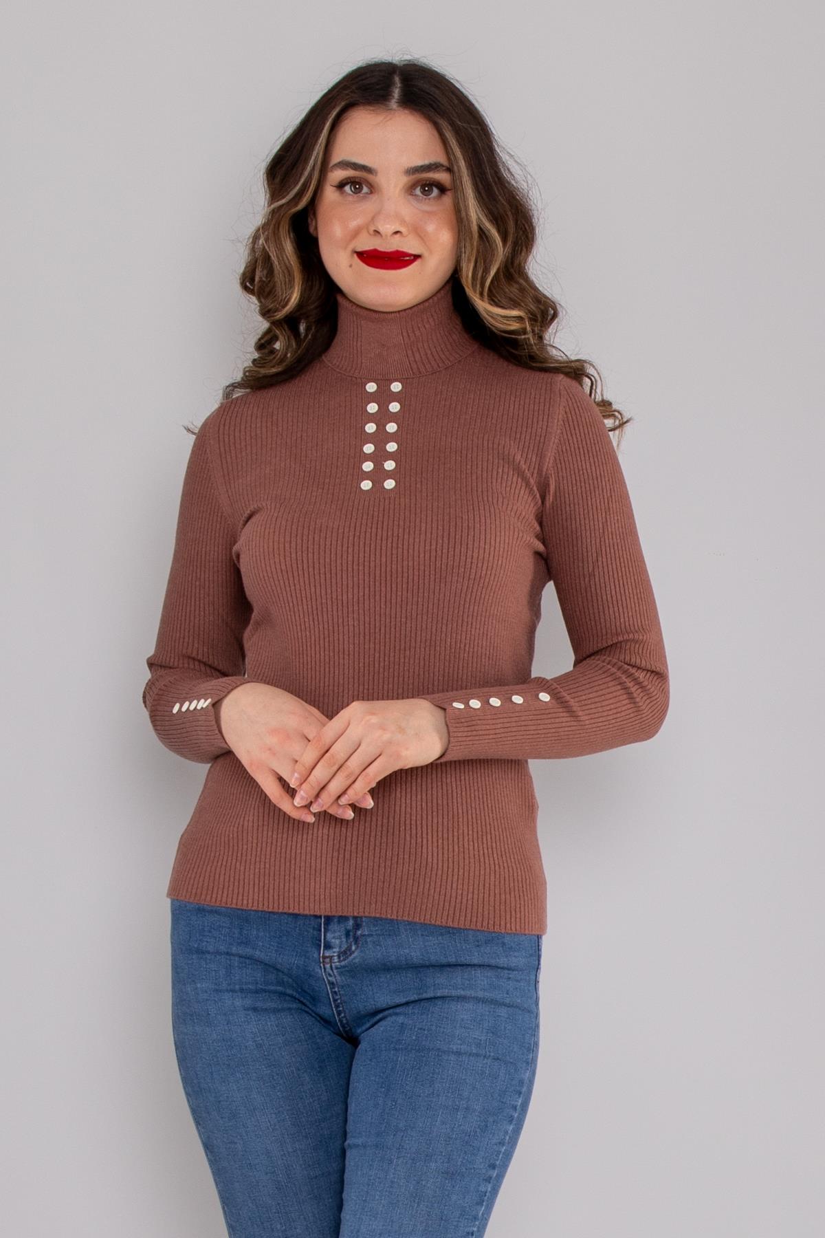 32325 Tam Balıkçı Yaka Kol Düğmeli Triko Kadın Kazak