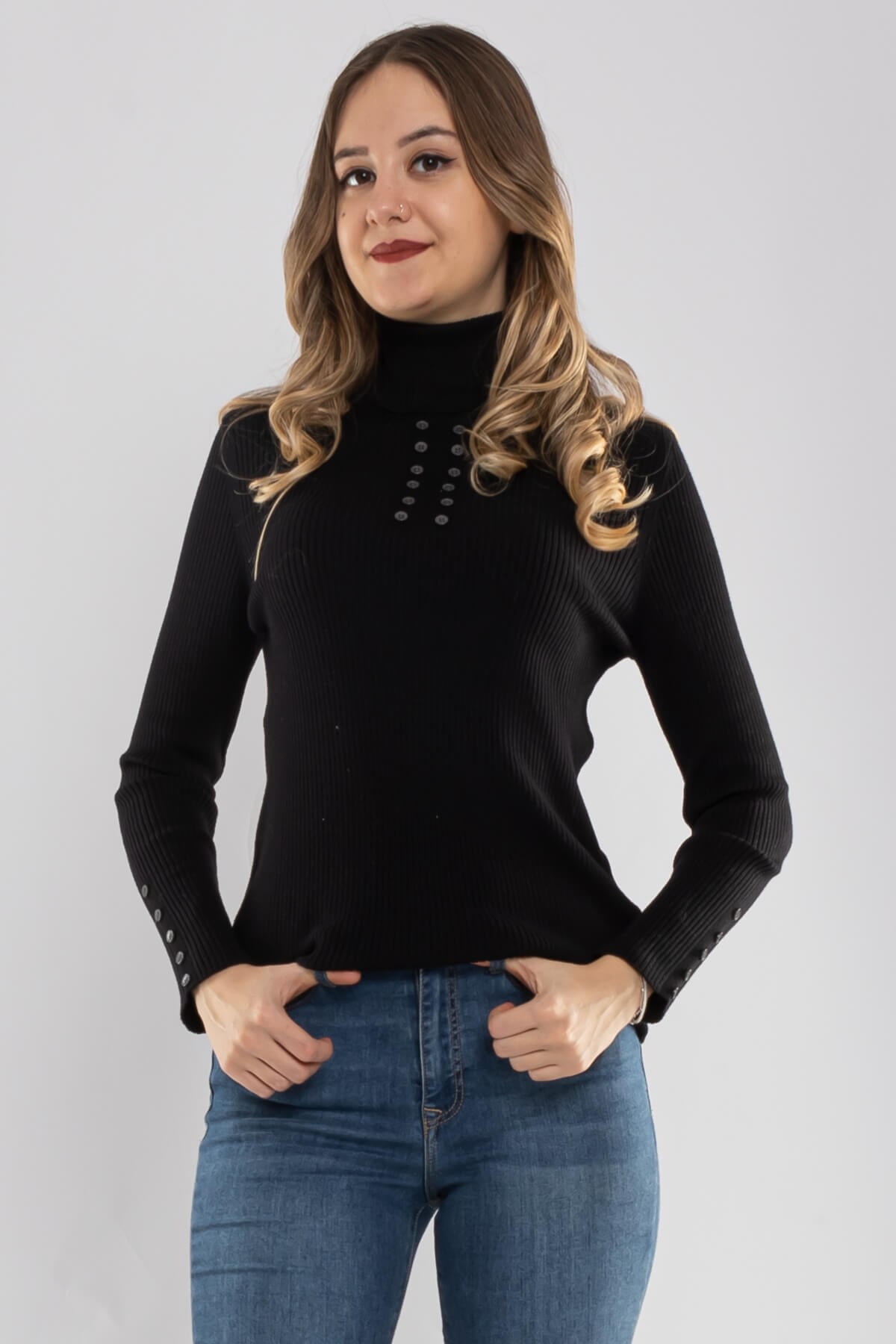 32325 Tam Balıkçı Yaka Kol Düğmeli Triko Kadın Kazak