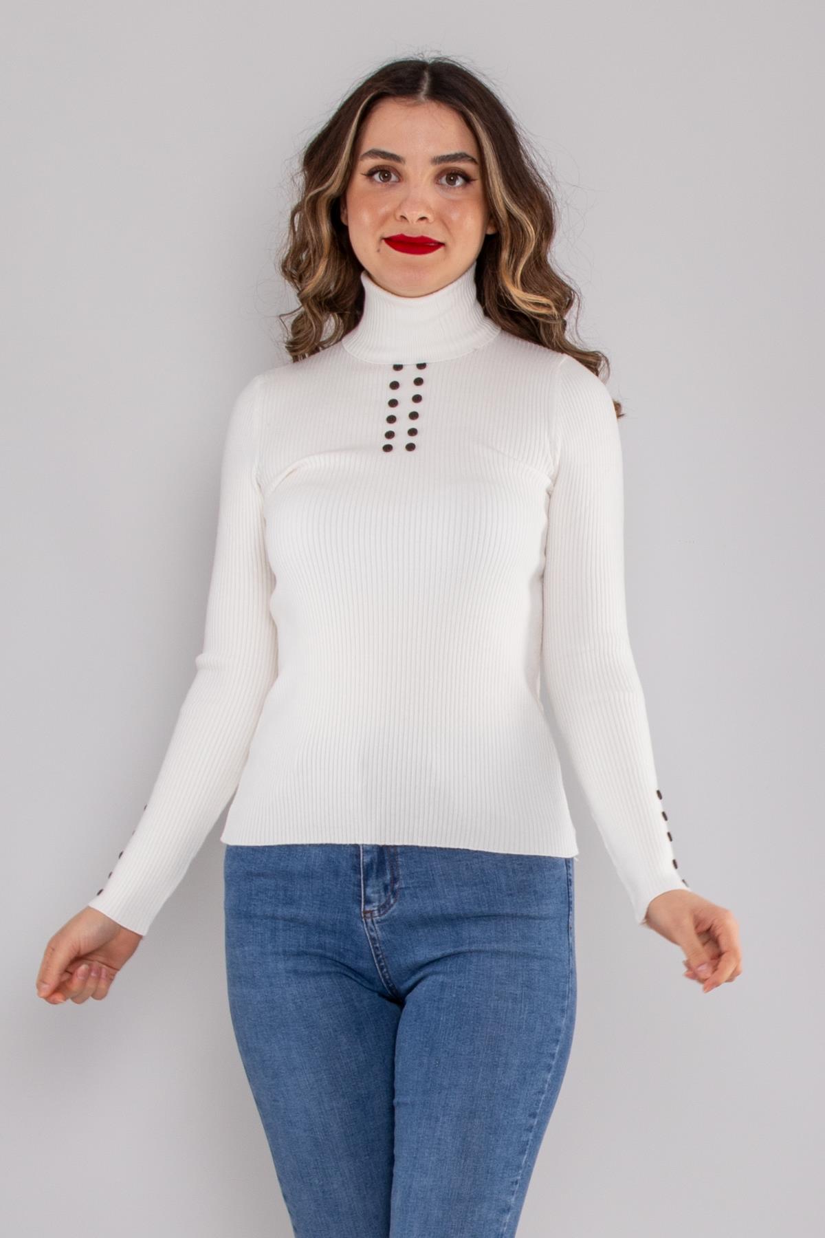 32325 Tam Balıkçı Yaka Kol Düğmeli Triko Kadın Kazak