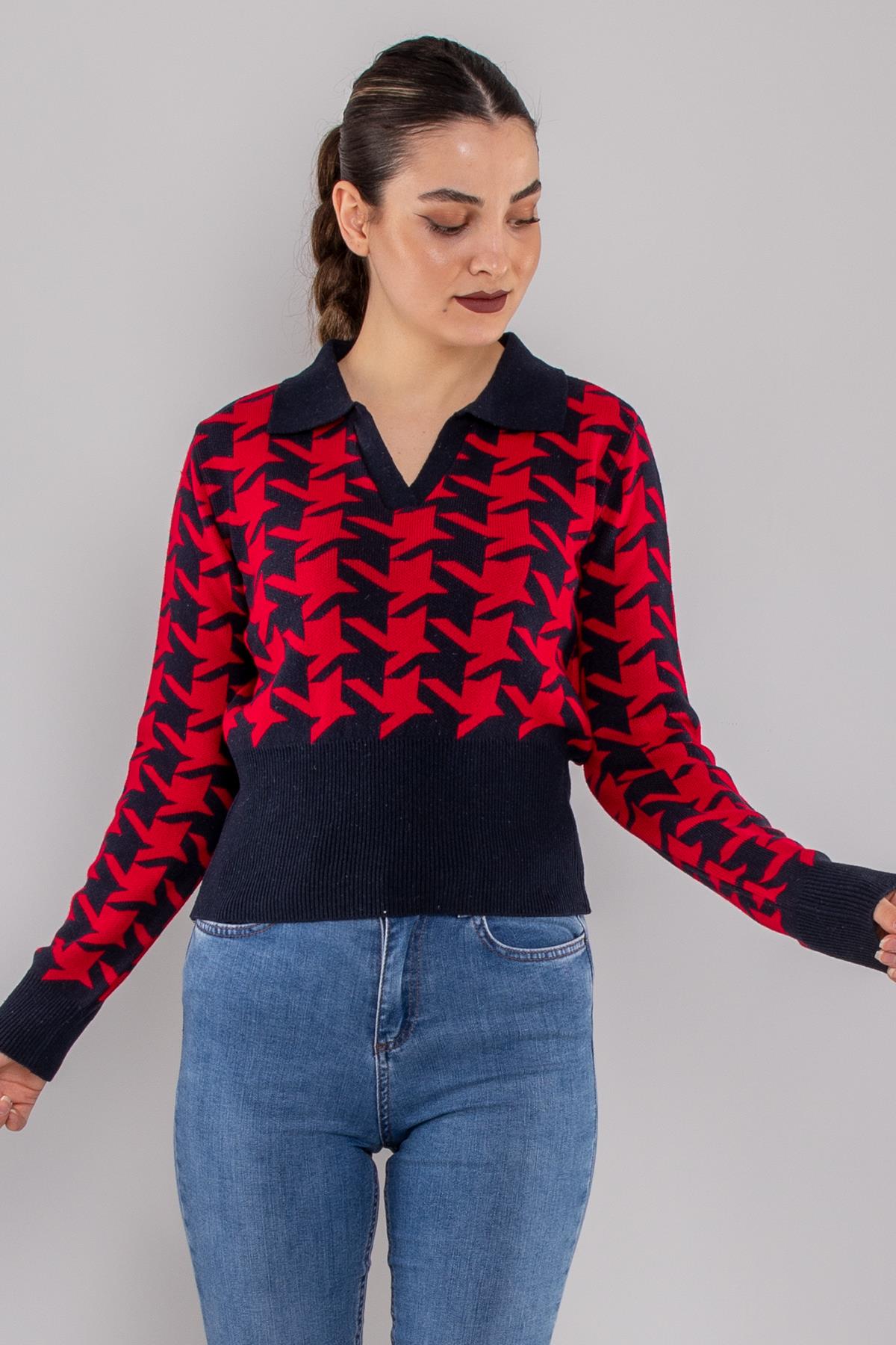 32408 Patlı Polo Yaka Kazayağı Desenli Triko Kazak